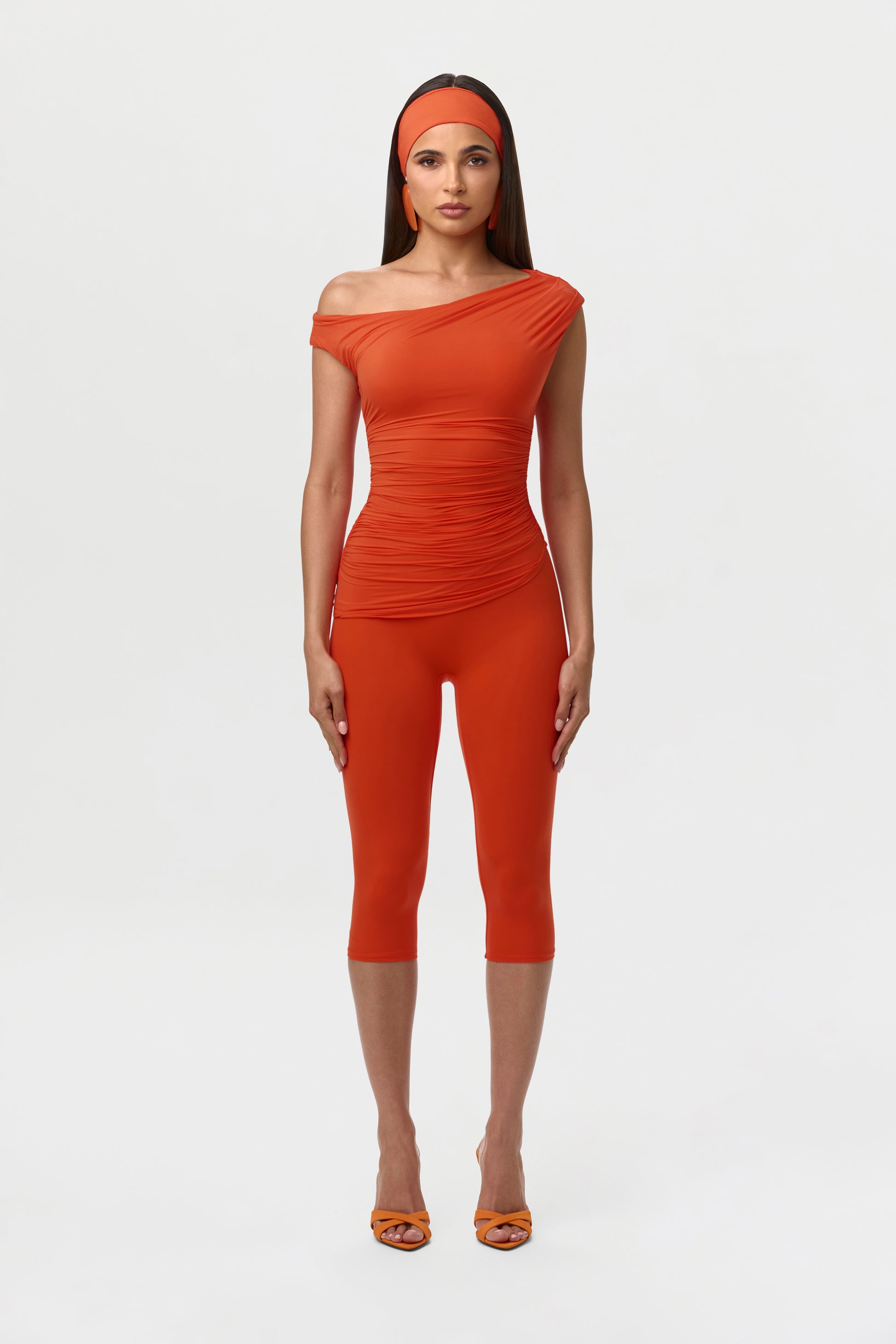 Tangerine Naked Ruched Off Shoulder Top