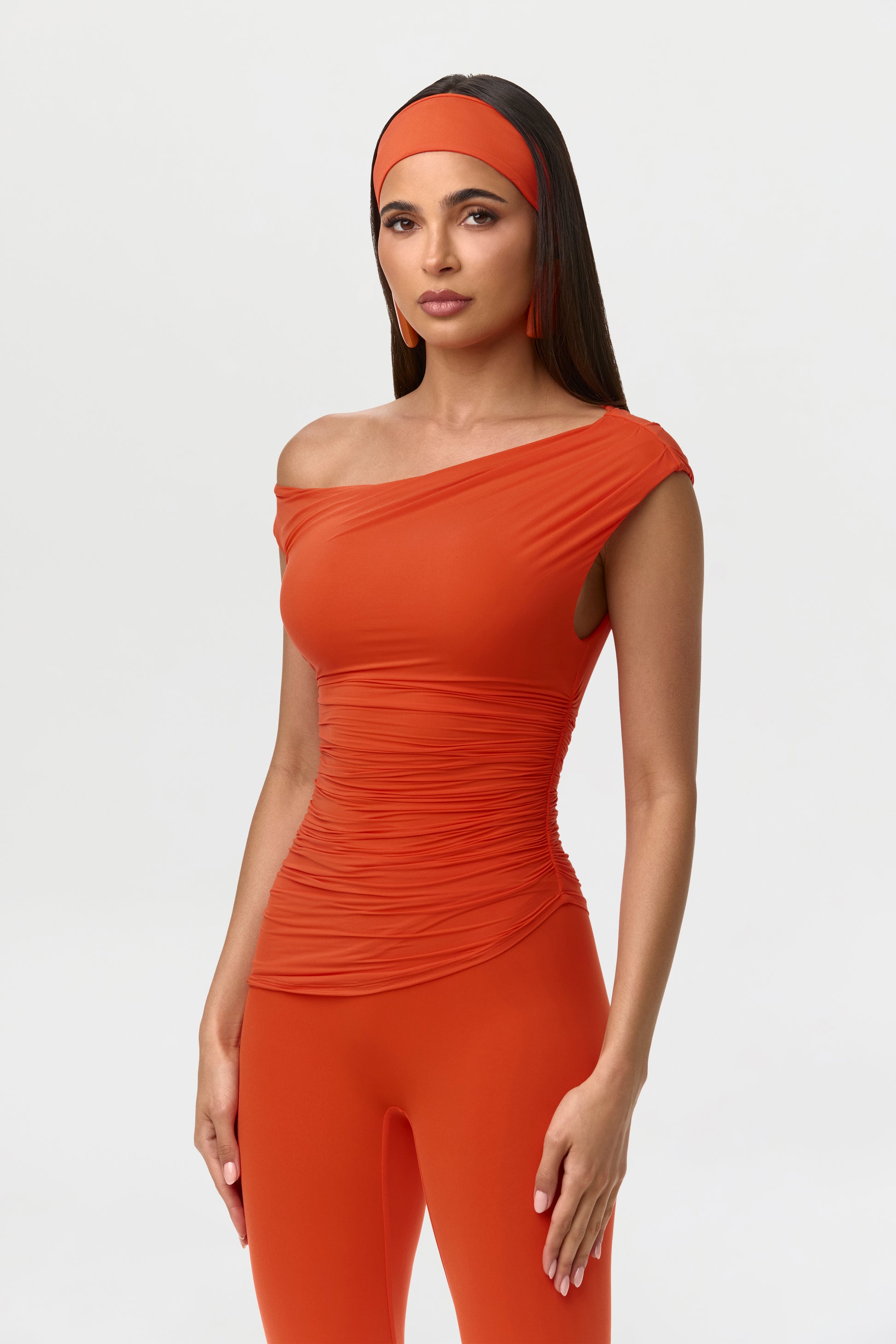 Tangerine Naked Ruched Off Shoulder Top