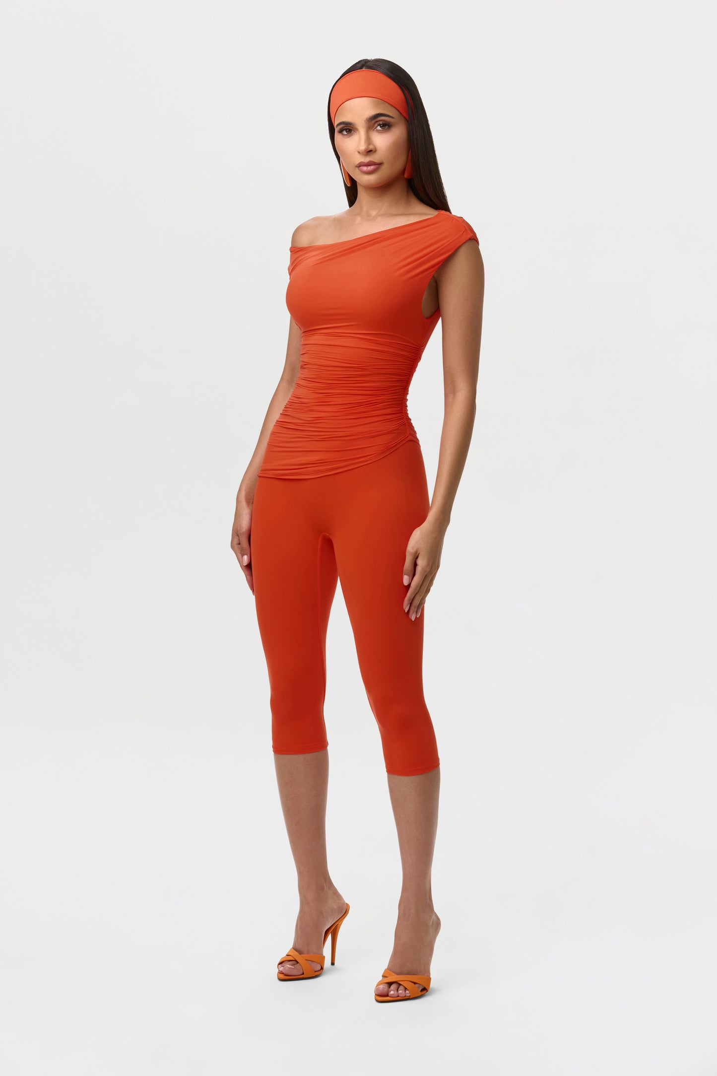 Tangerine Naked Ruched Off Shoulder Top