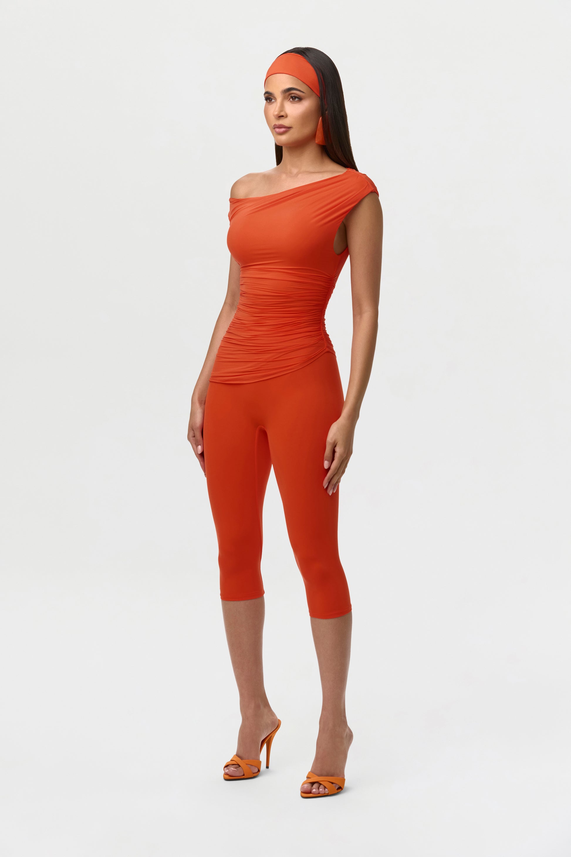 Tangerine Naked Ruched Off Shoulder Top
