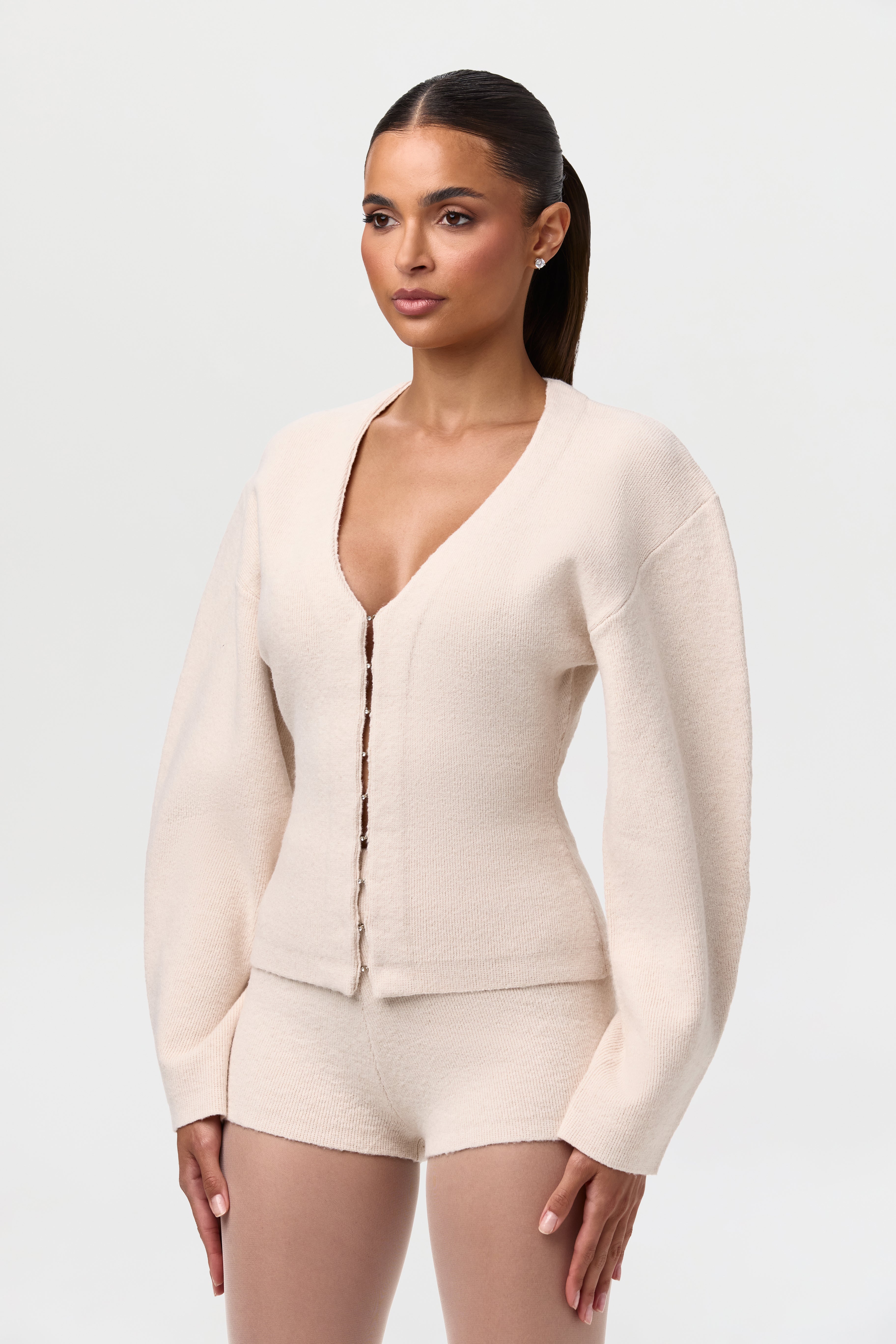 Knit V-Neck Rhinestone Cardigan