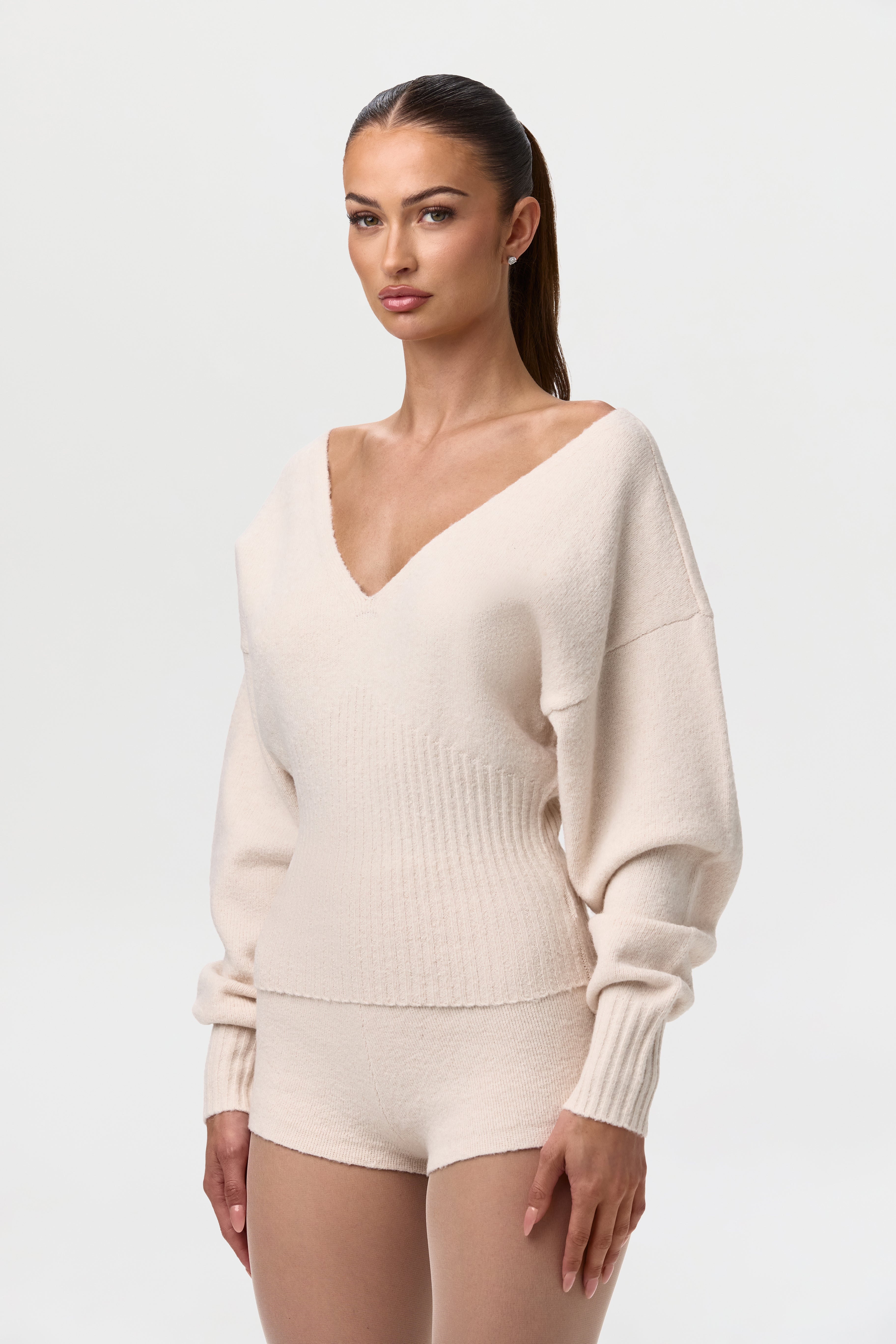 Knit V-Neck Cinched Waist Sweater
