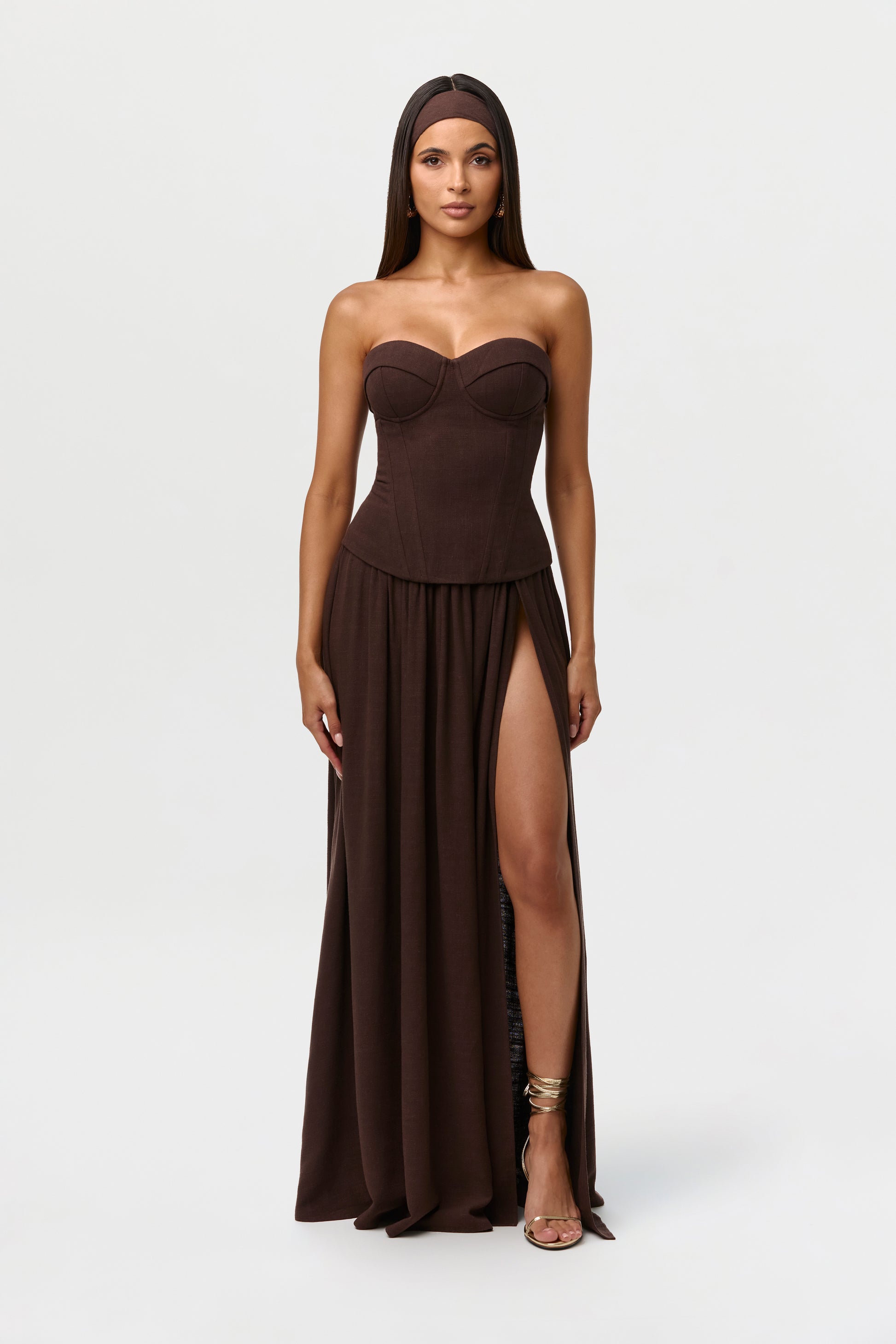 Dark Chocolate Linen Pleated Maxi Skirt