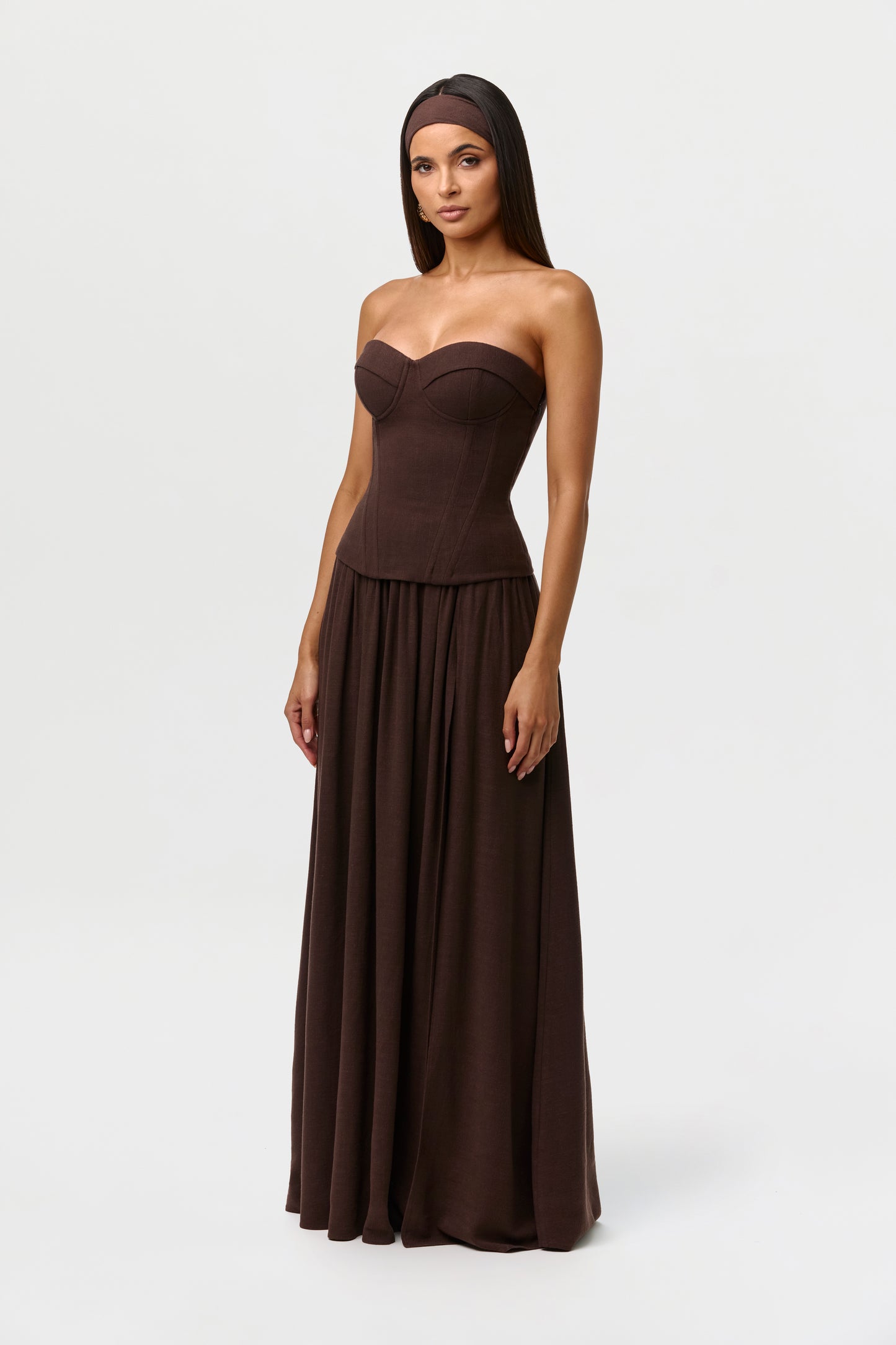 Dark Chocolate Linen Pleated Maxi Skirt