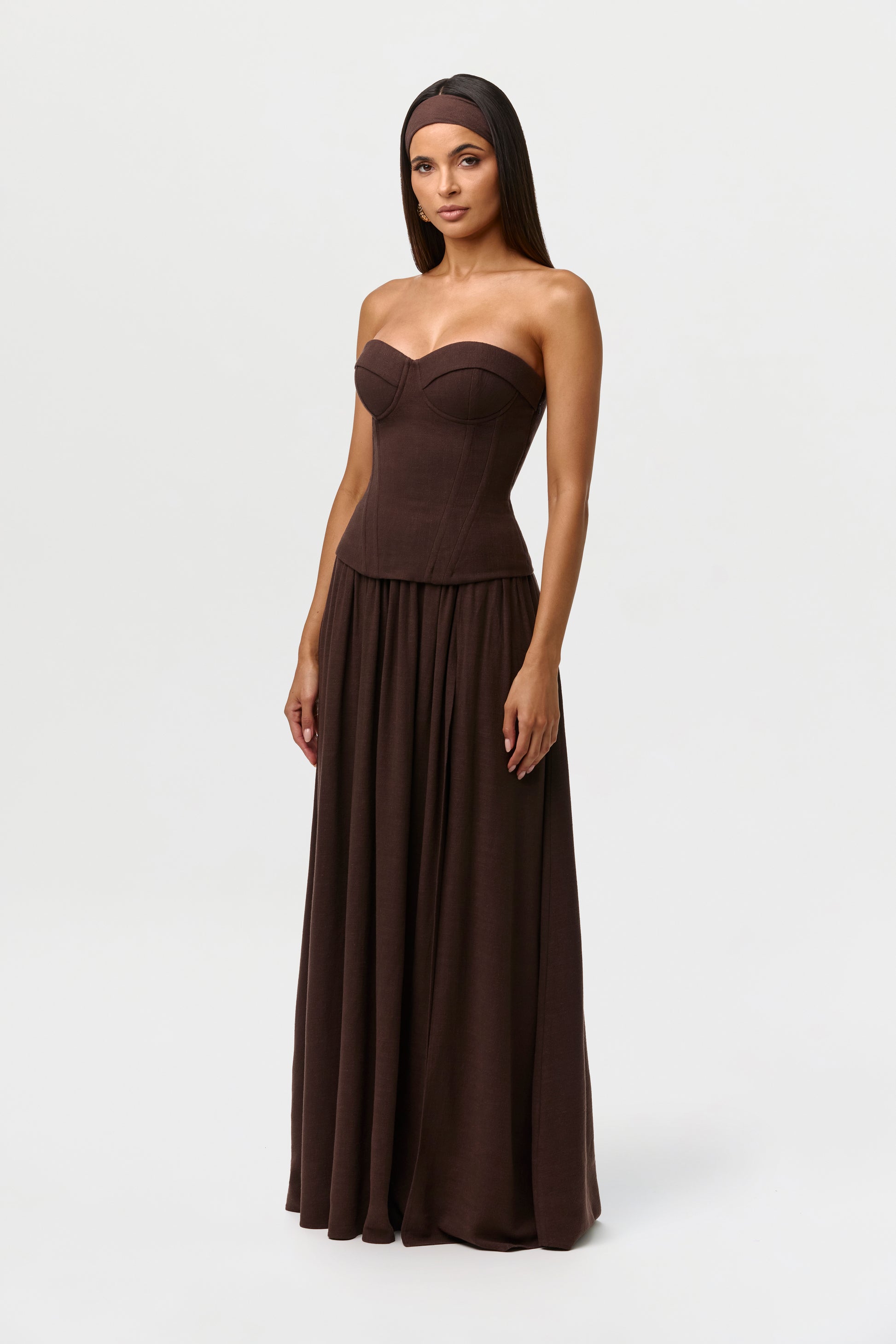 Dark Chocolate Linen Pleated Maxi Skirt