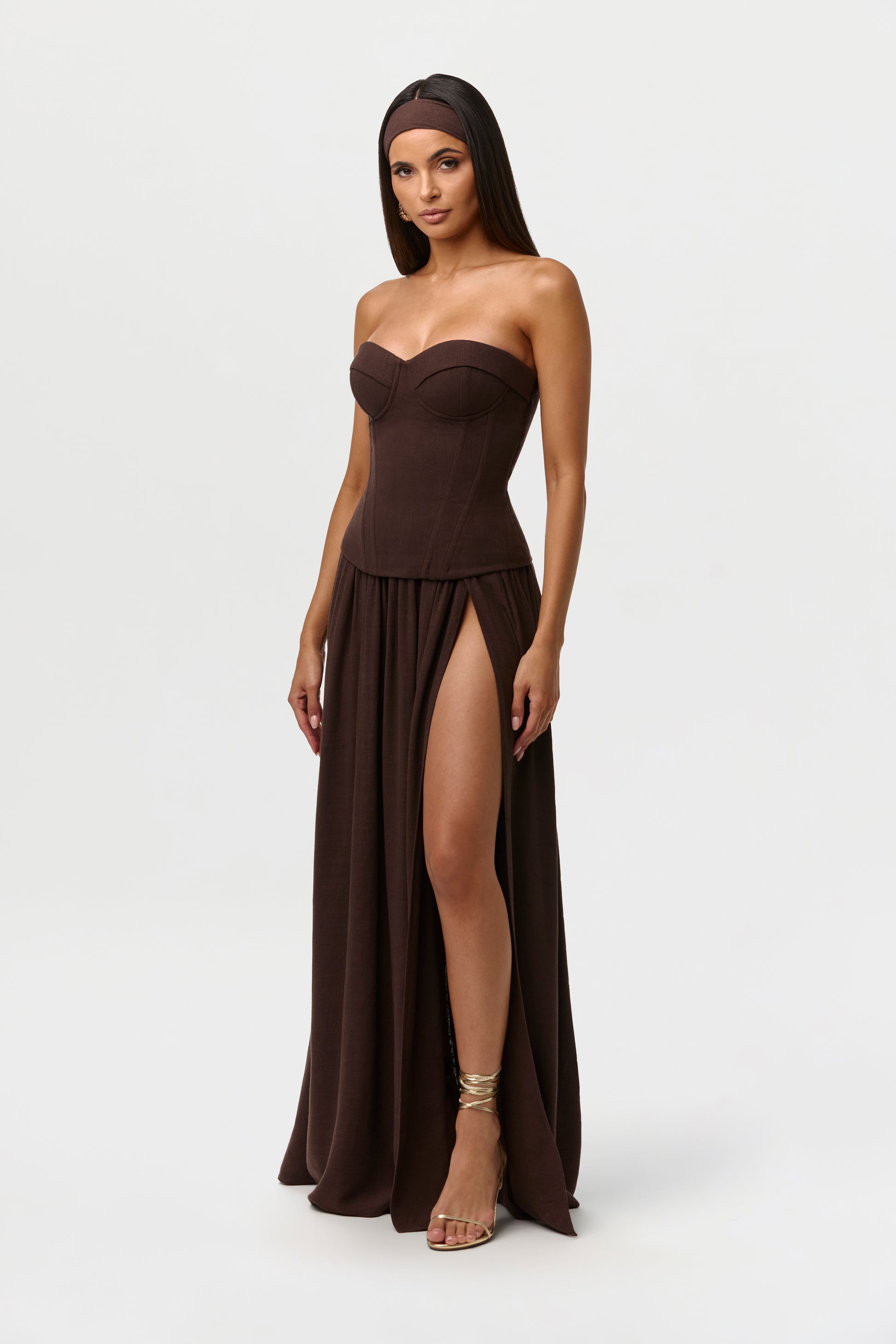 Dark Chocolate Linen Pleated Maxi Skirt