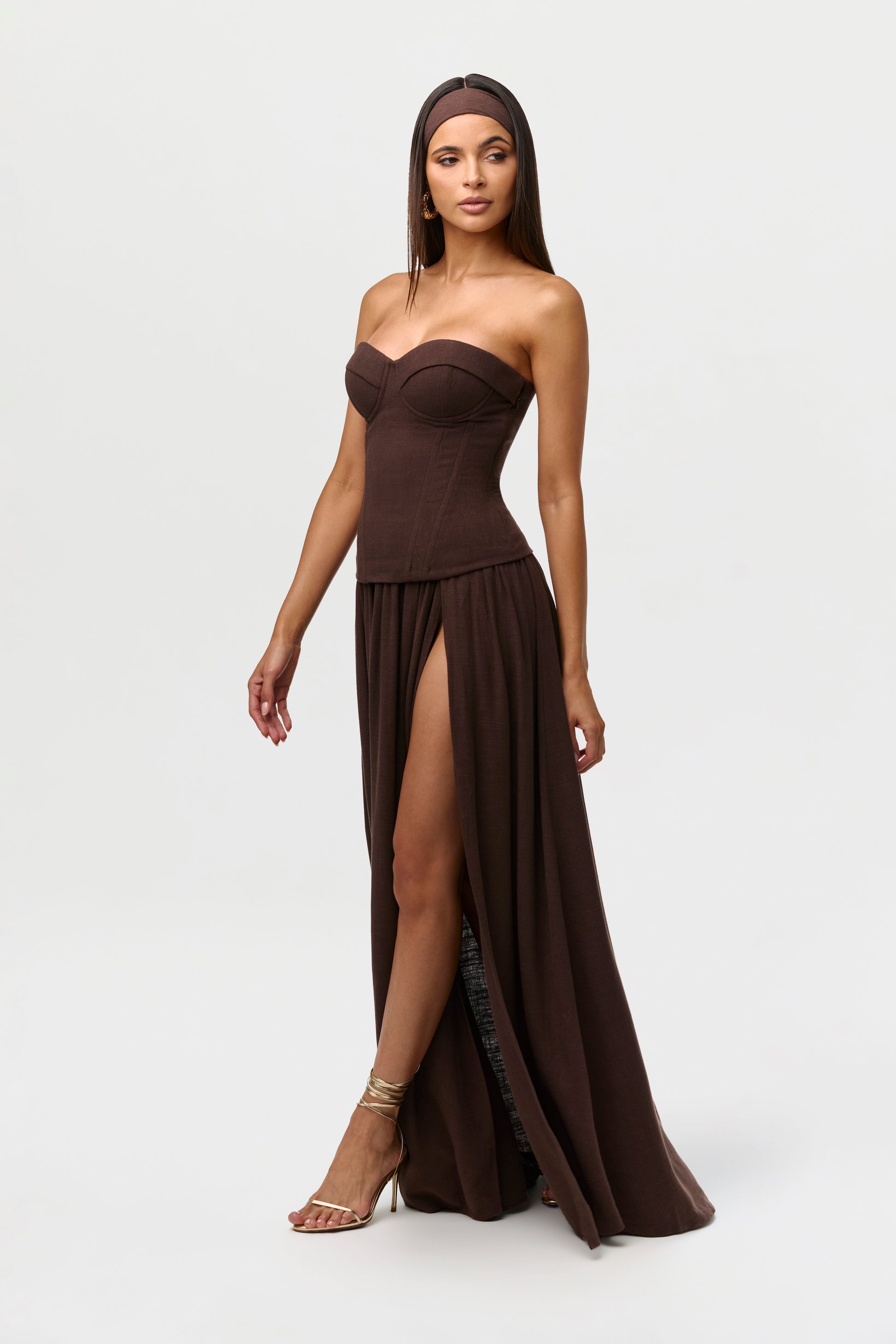 Dark Chocolate Linen Pleated Maxi Skirt
