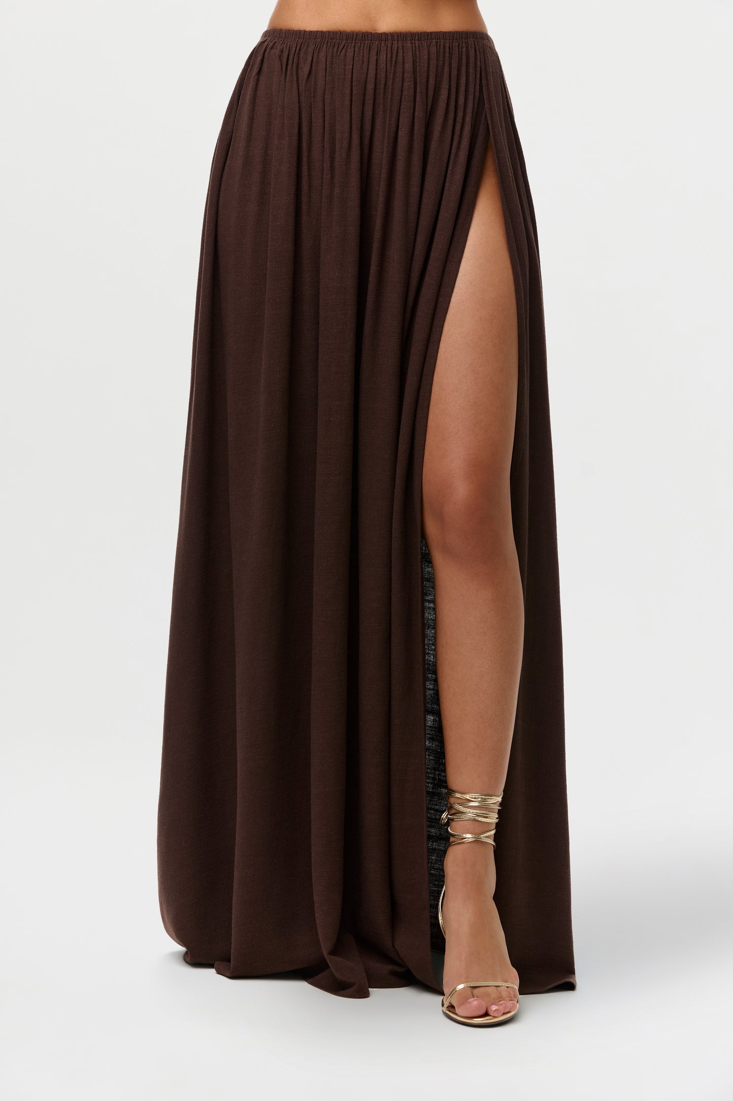 Dark Chocolate Linen Pleated Maxi Skirt