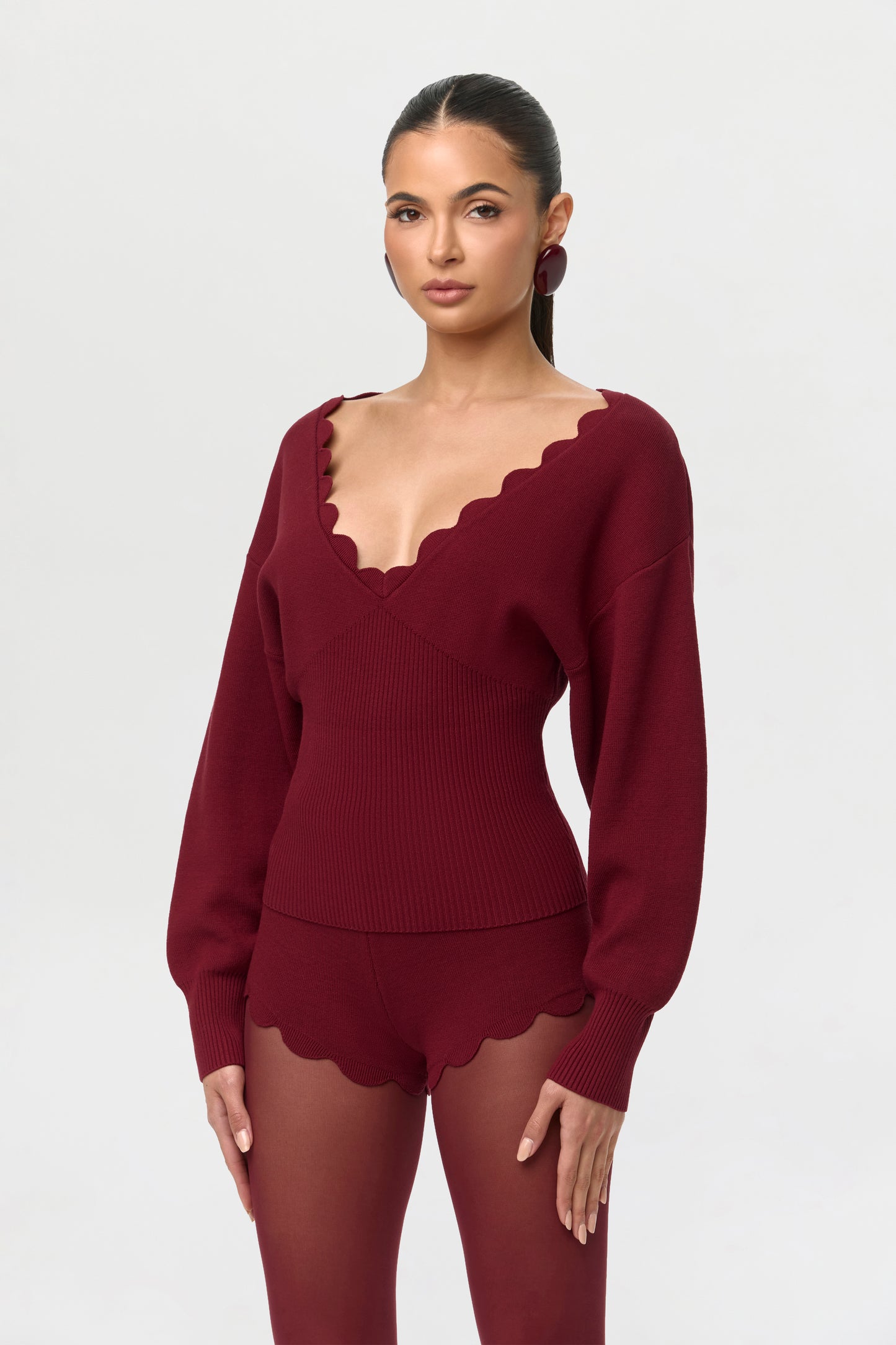 Ribbed-Knit V-Neck Scallop Sweater