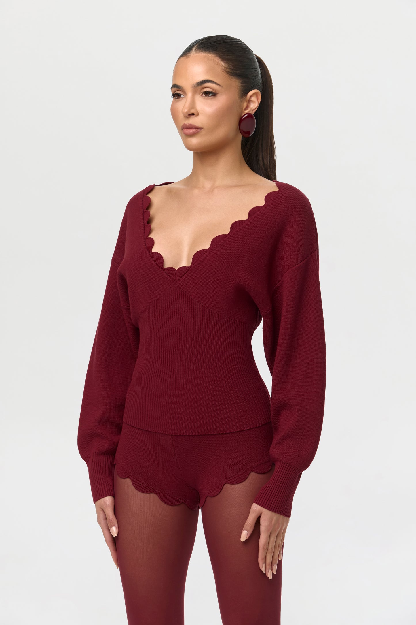 Ribbed-Knit V-Neck Scallop Sweater