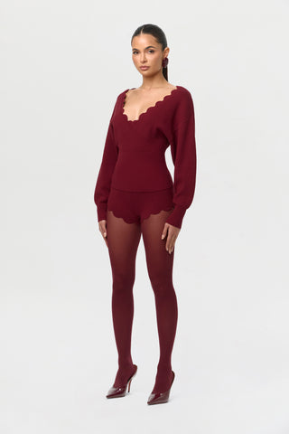 Ribbed-Knit V-Neck Scallop Sweater