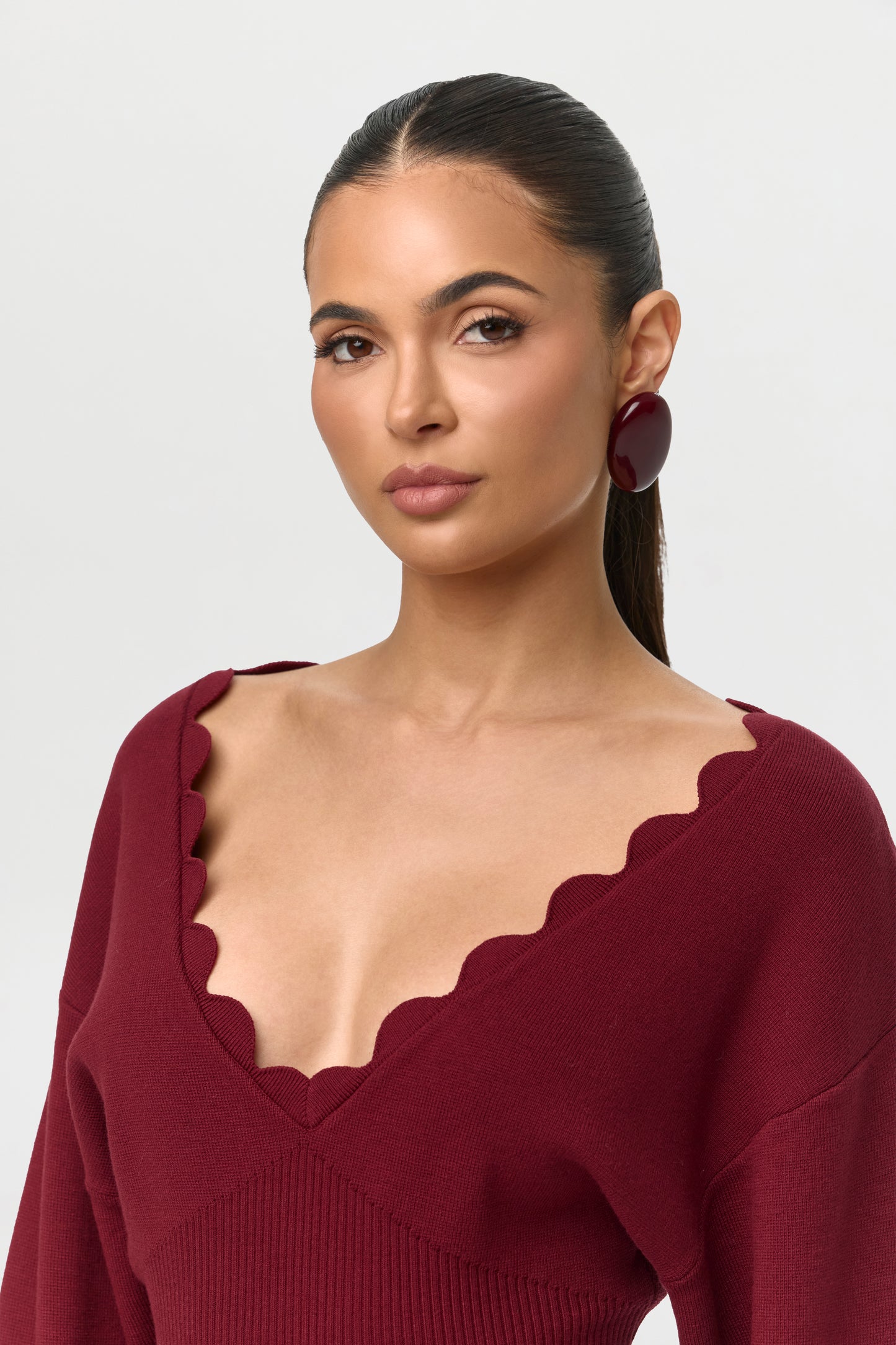 Ribbed-Knit V-Neck Scallop Sweater