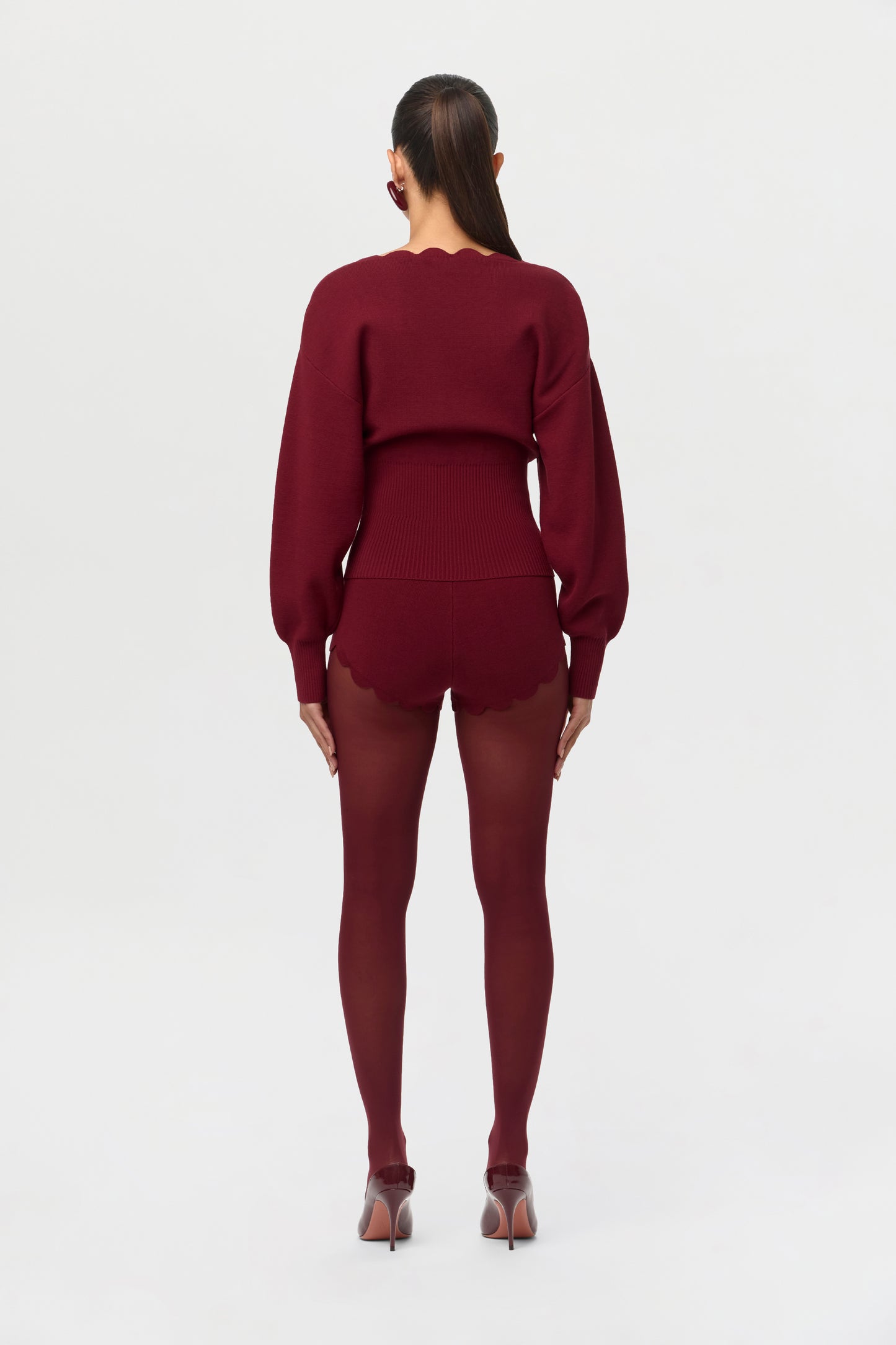 Ribbed-Knit V-Neck Scallop Sweater