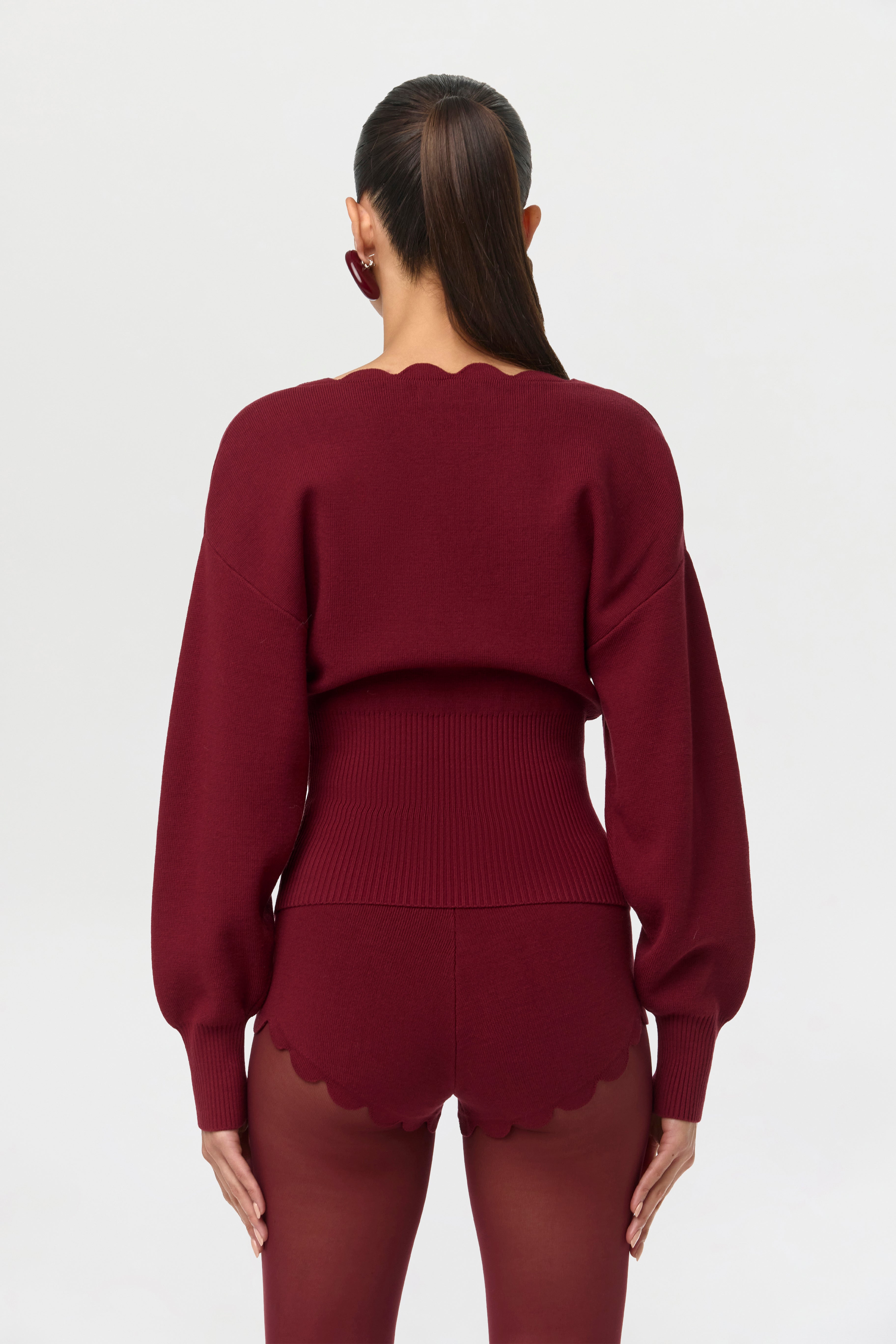 Ribbed-Knit V-Neck Scallop Sweater – Naked Wardrobe