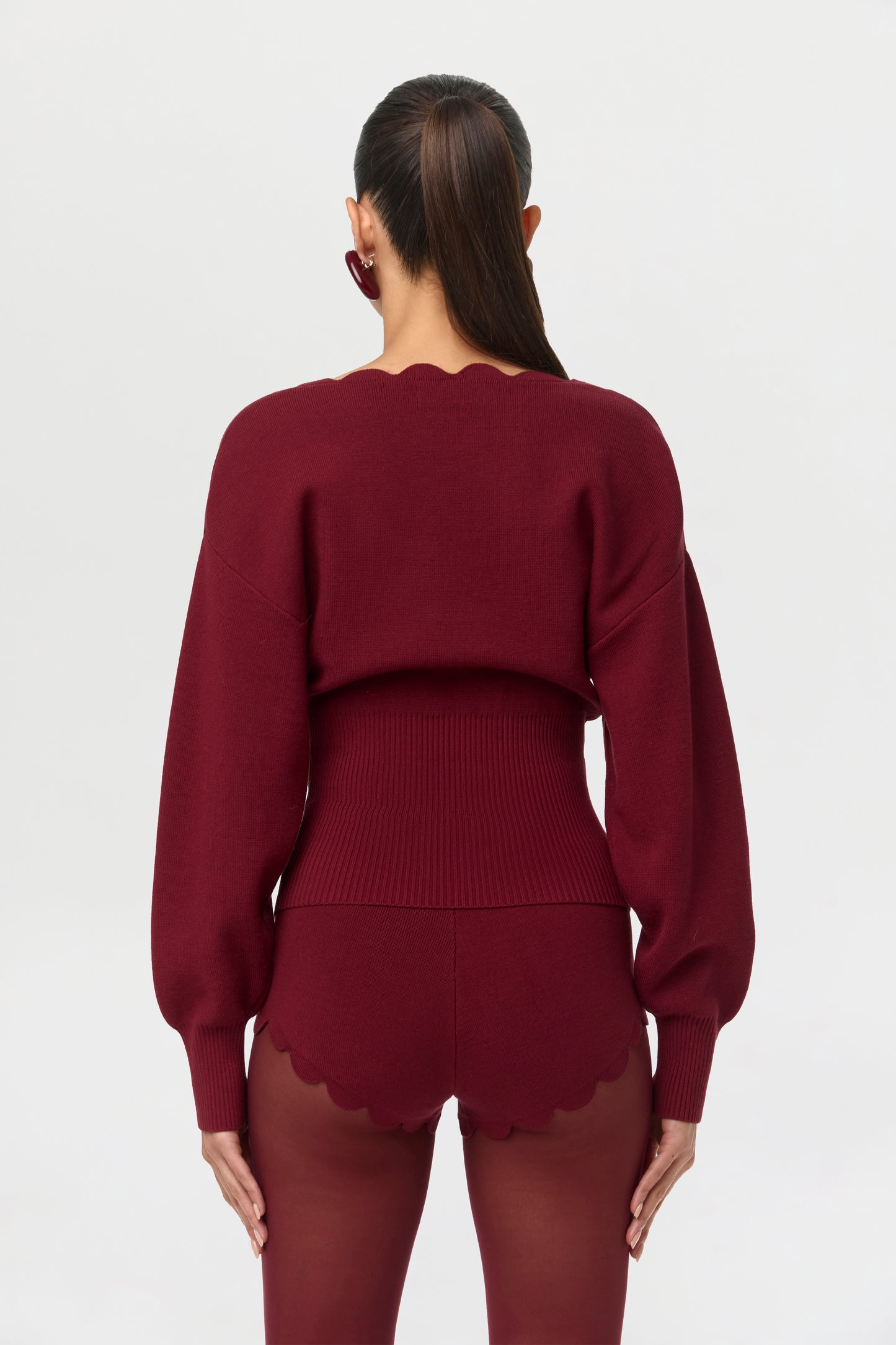 Ribbed-Knit V-Neck Scallop Sweater