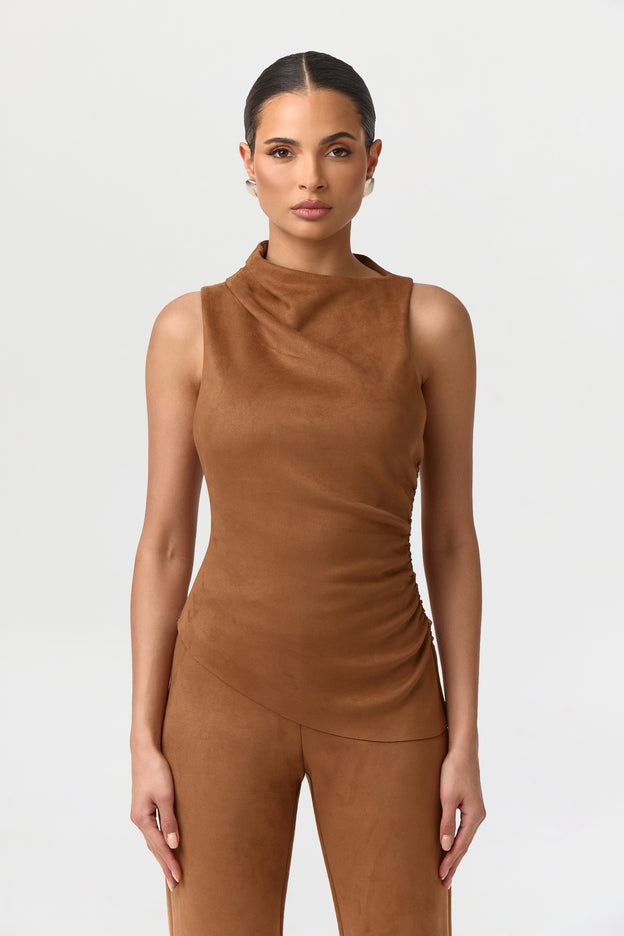 Faux Suede Ruched Sleeveless Top