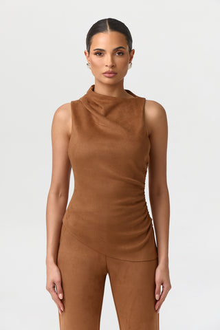 Faux Suede Ruched Sleeveless Top