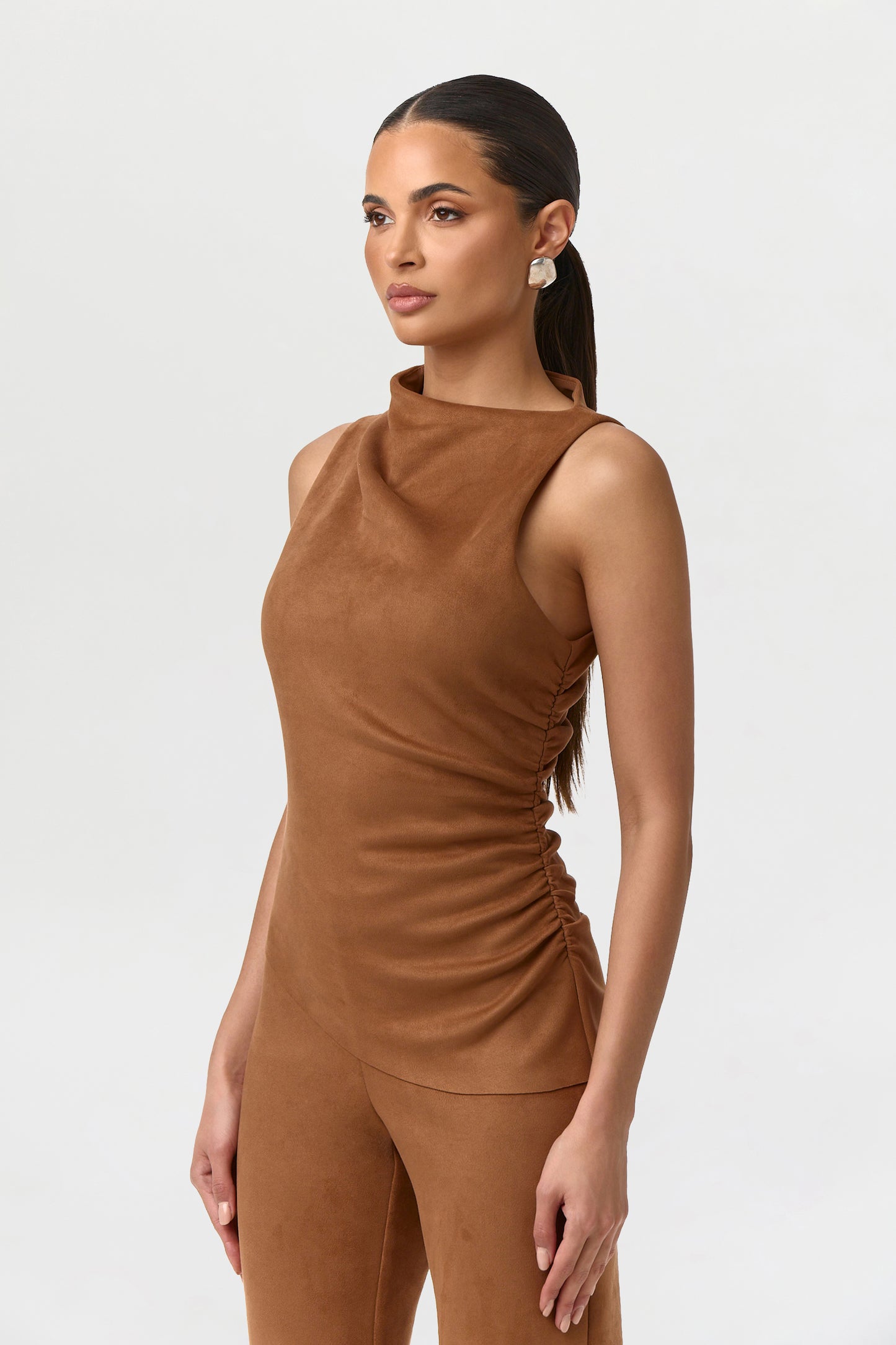 Faux Suede Ruched Sleeveless Top