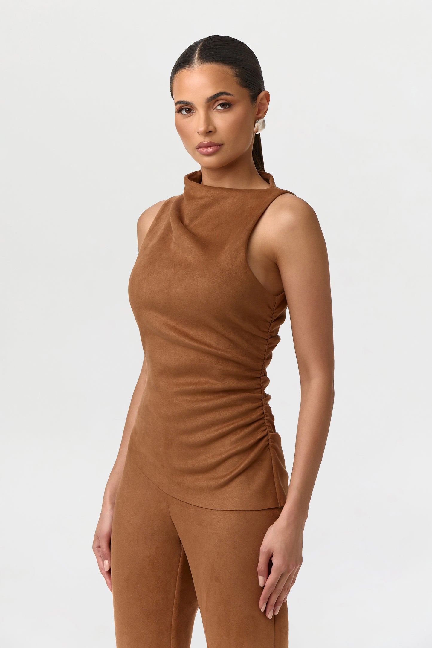 Faux Suede Ruched Sleeveless Top