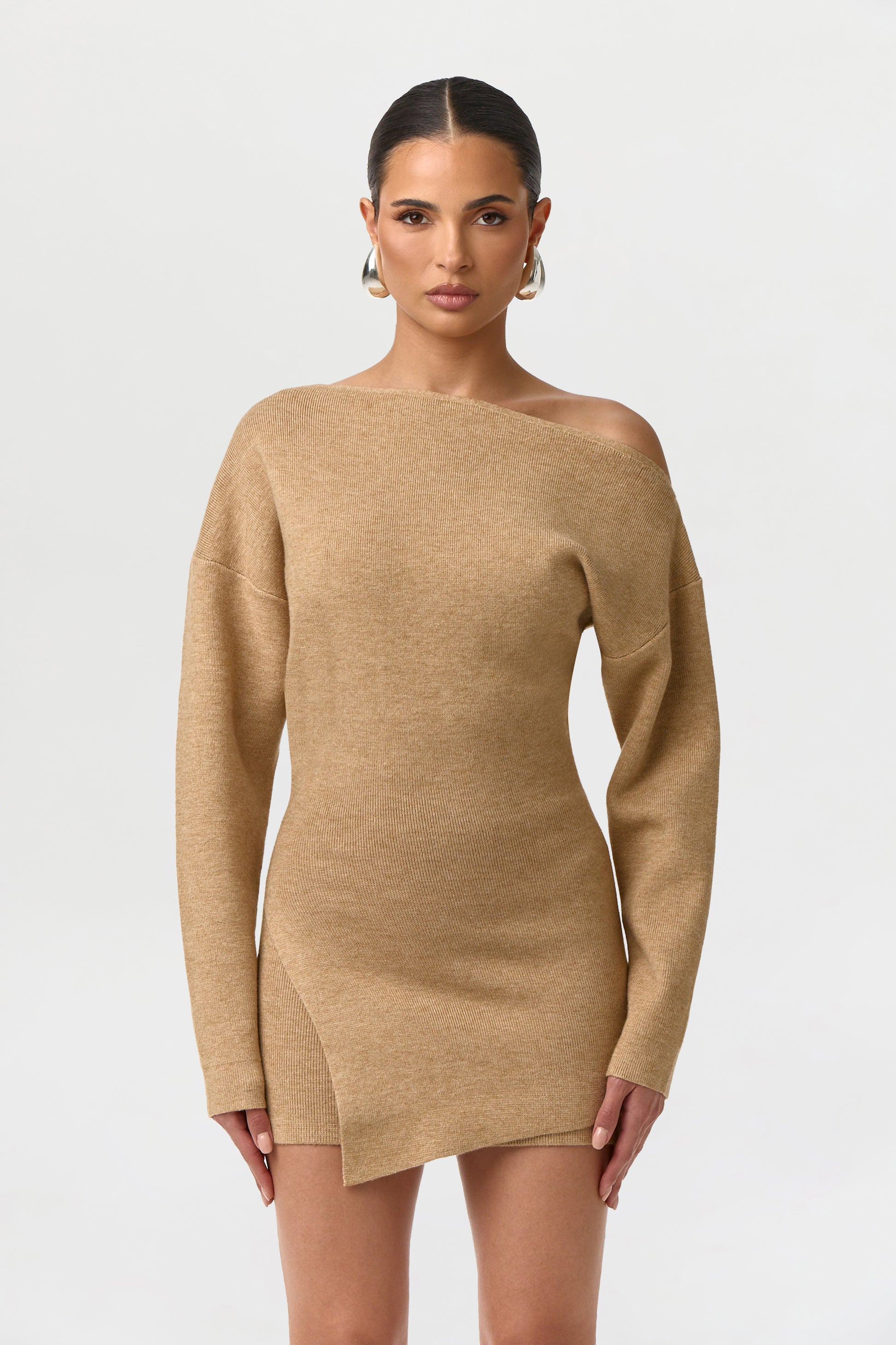 Women's Knit Off-Shoulder Asymmetric Top by Naked Wardrobe, Sand Beige / S Women's Knit Off-Shoulder Asymmetric Top by Naked Wardrobe, Sand Beige / S
