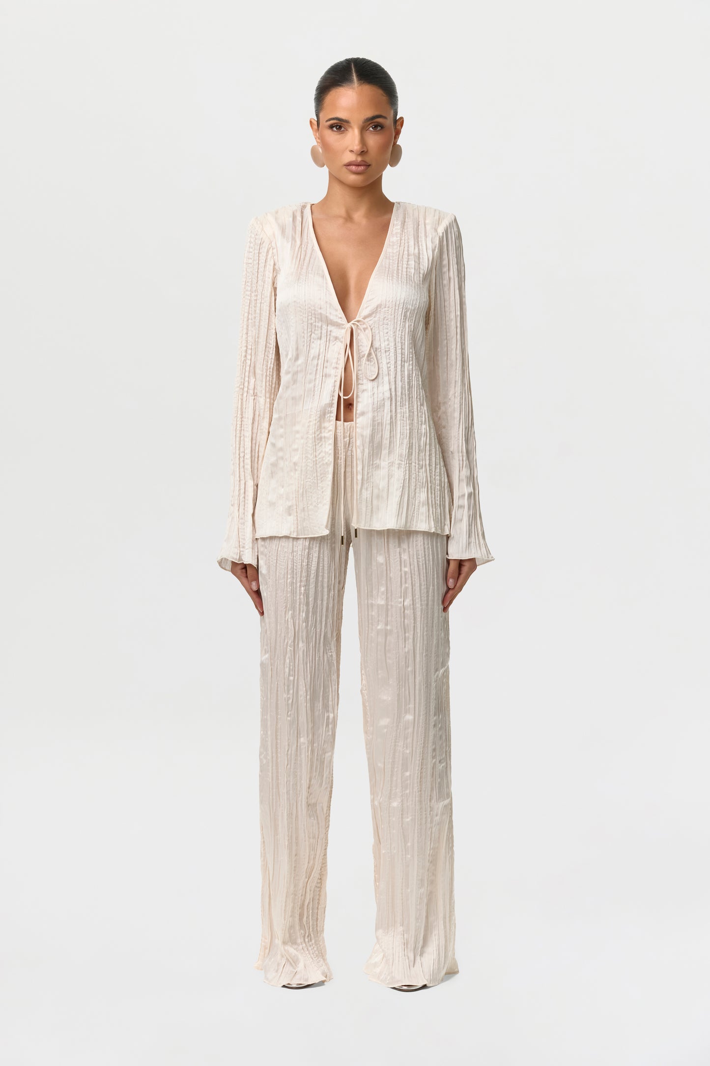 Satin Plissé V-Neck Top