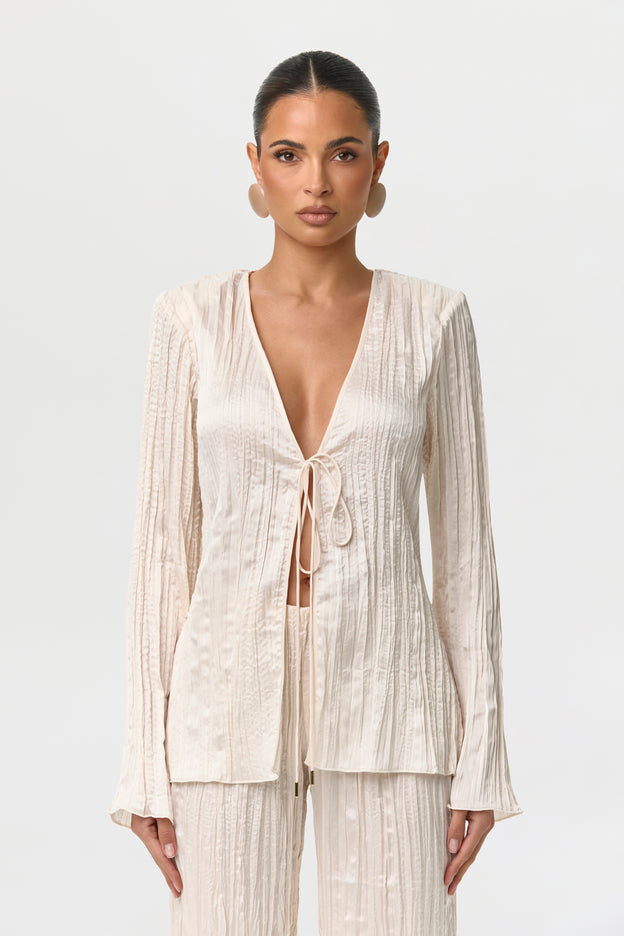 Satin Plissé V-Neck Top