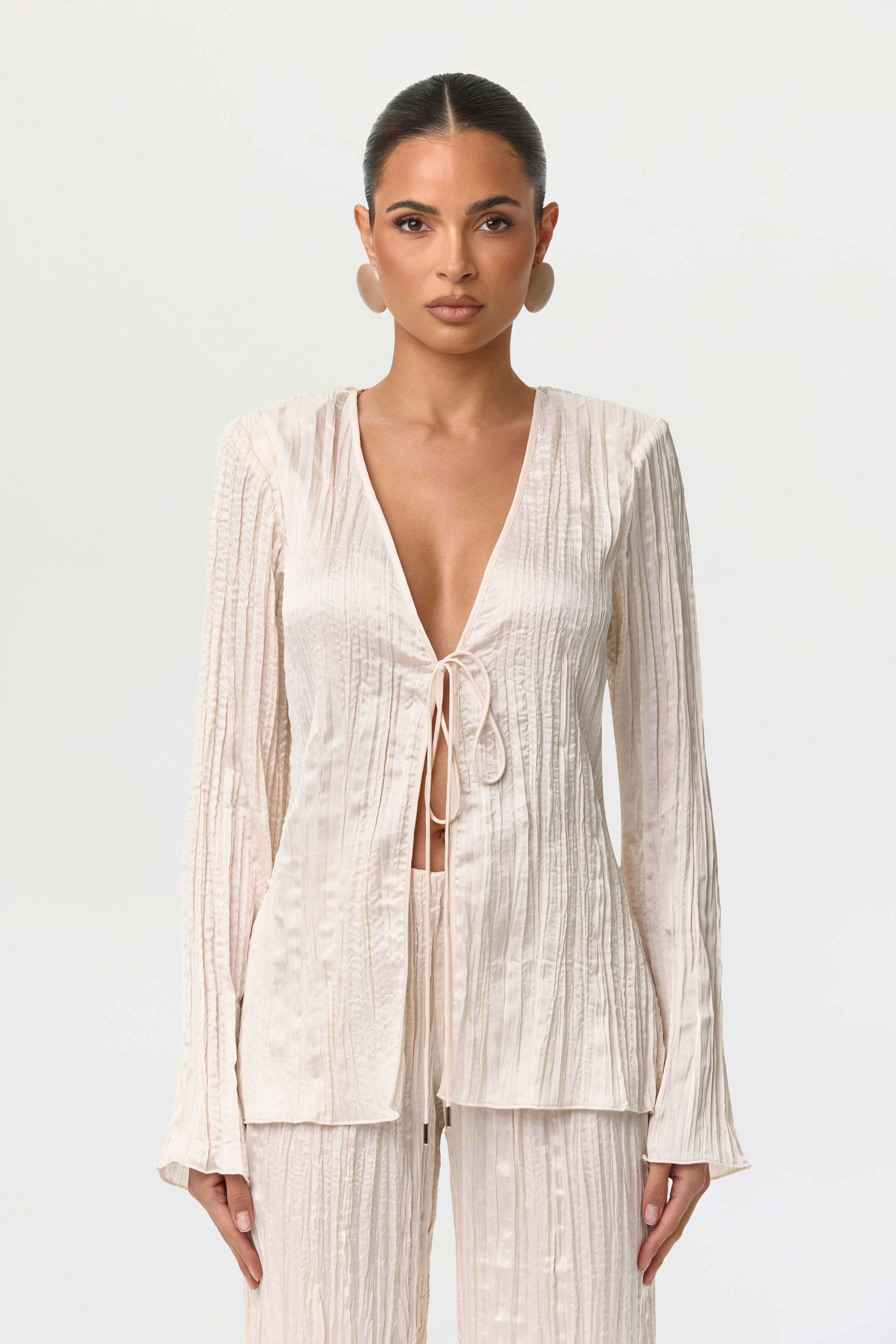 Satin Plissé V-Neck Top