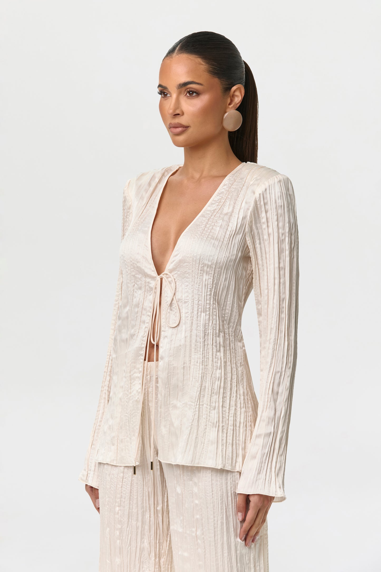 Satin Plissé V-Neck Top