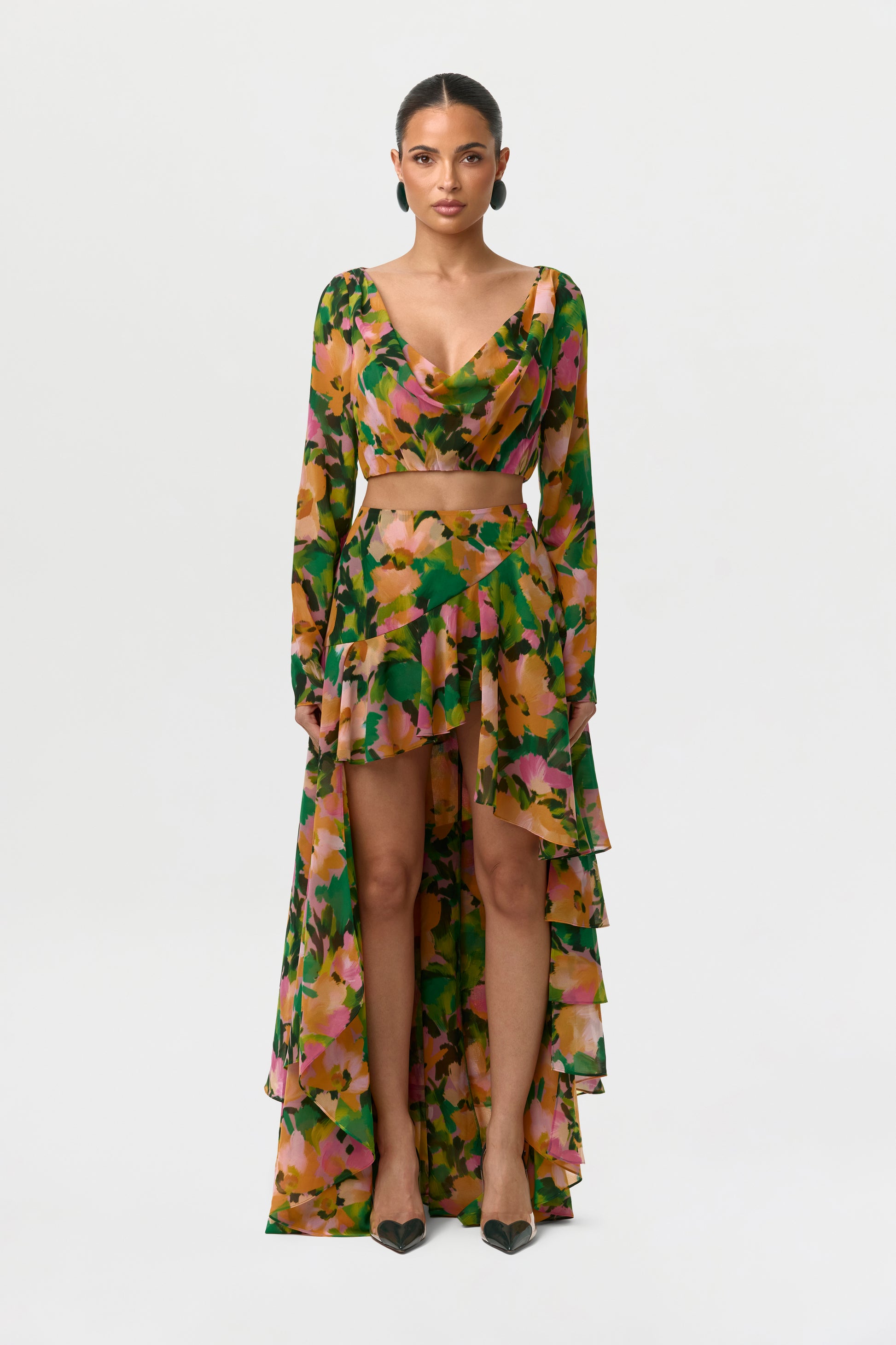 Naked Wardrobe Women's Floral Long Sleeve Chiffon Crop Top - Green - Long sleeved tops Naked Wardrobe Women's Floral Long Sleeve Chiffon Crop Top - Green - Long sleeved tops