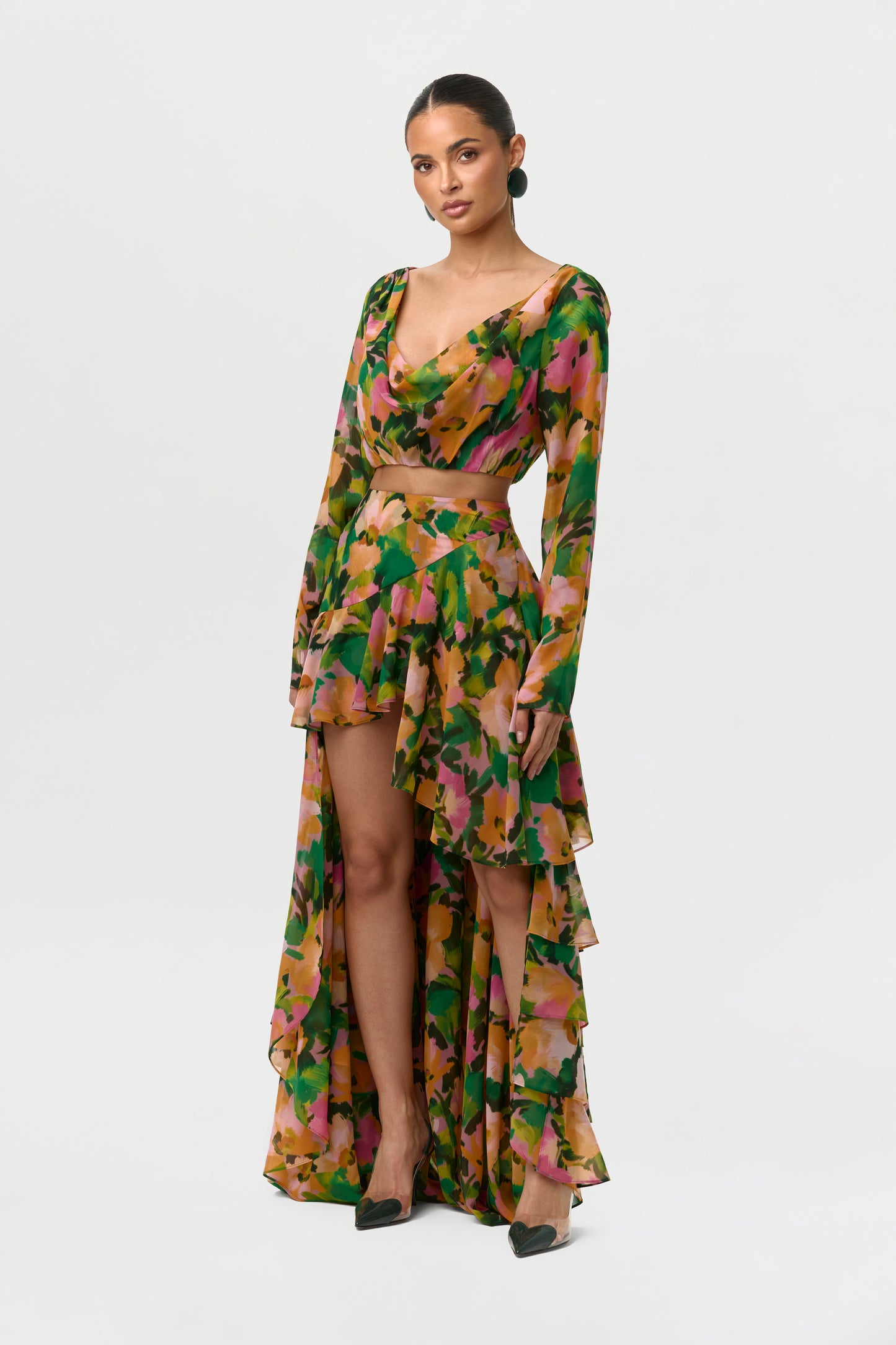 Chiffon Floral Asymmetric Ruffle Skirt