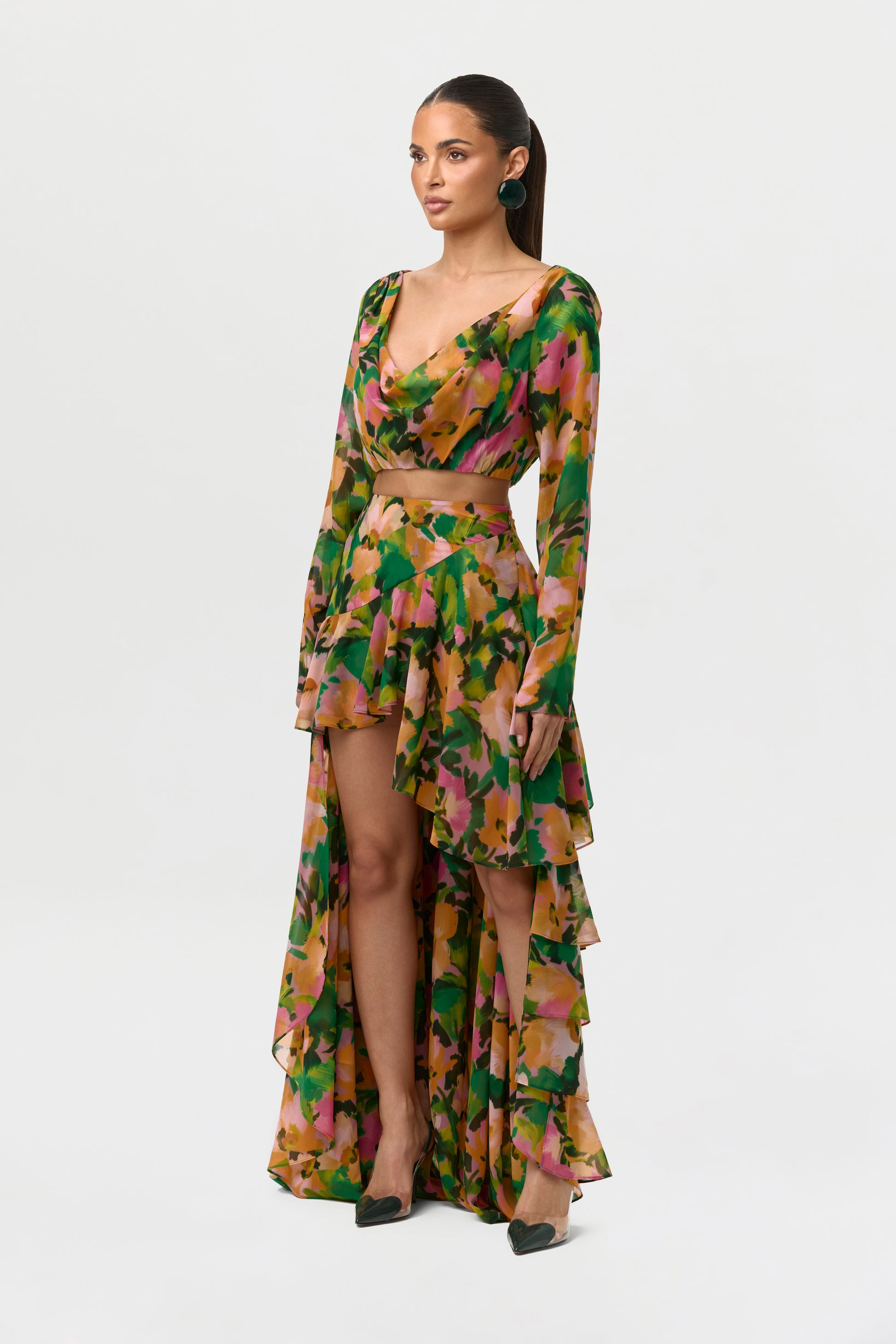 Chiffon Floral Cowl Crop Top