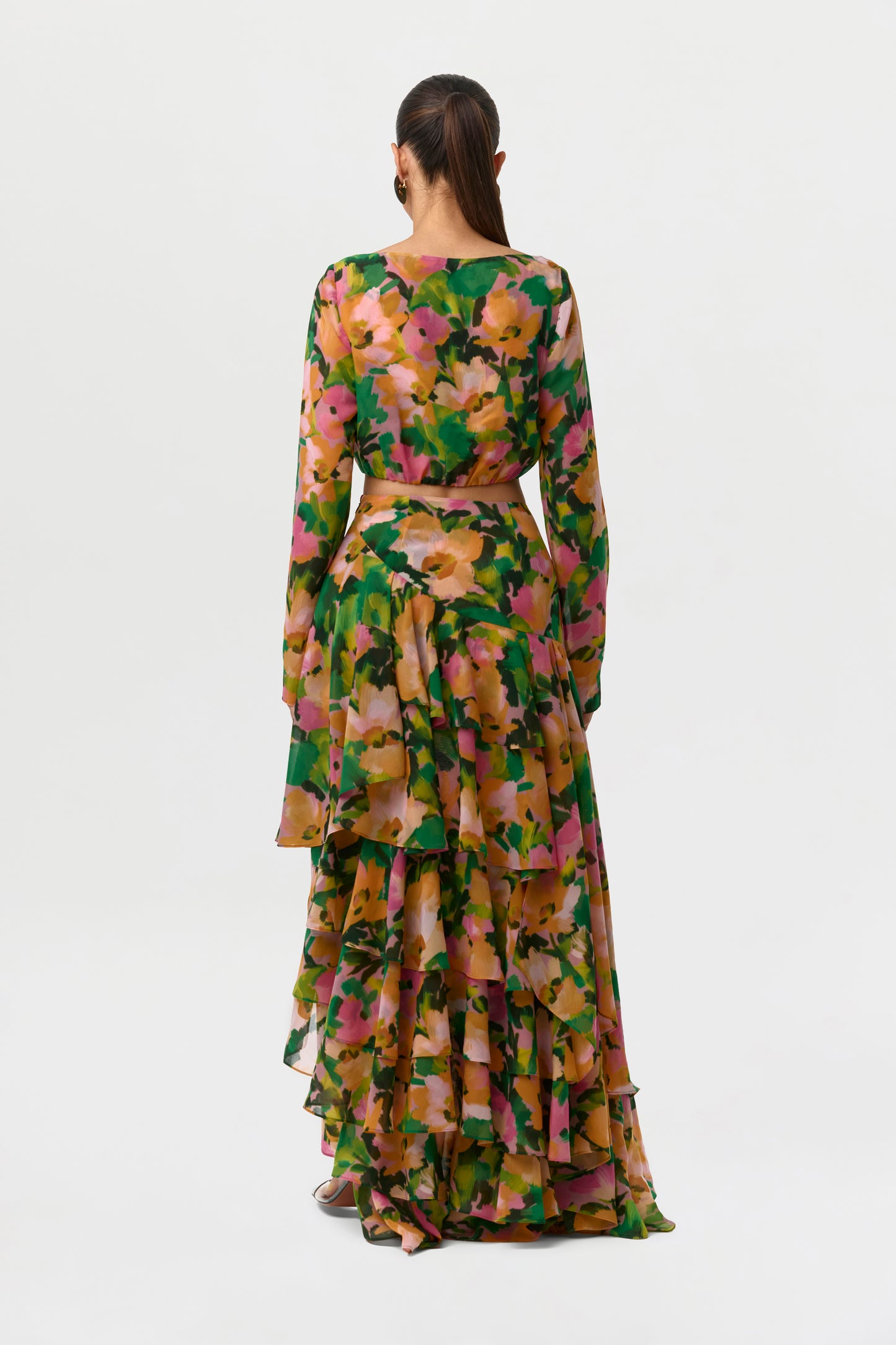 Chiffon Floral Asymmetric Ruffle Skirt