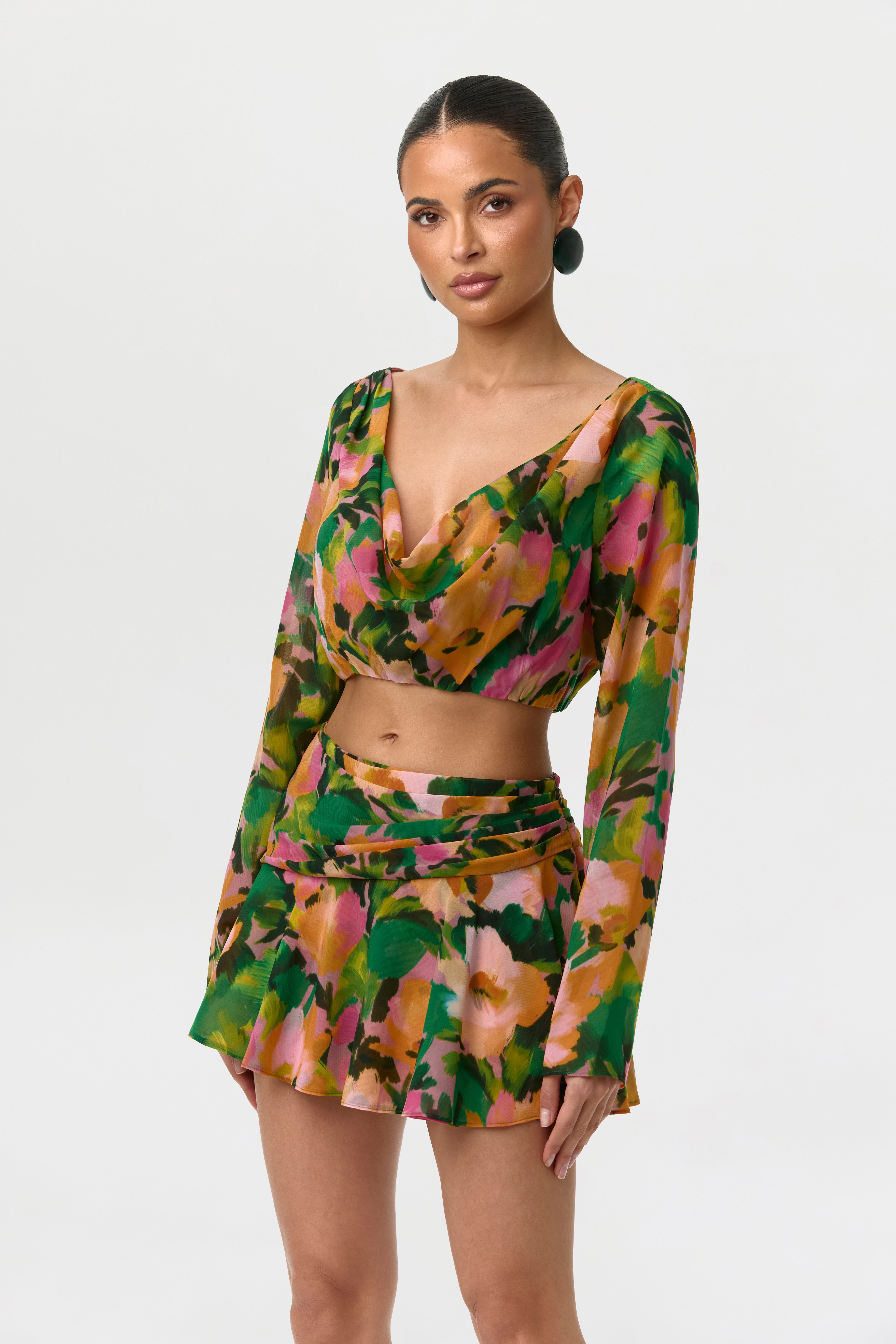Chiffon Floral Cowl Crop Top