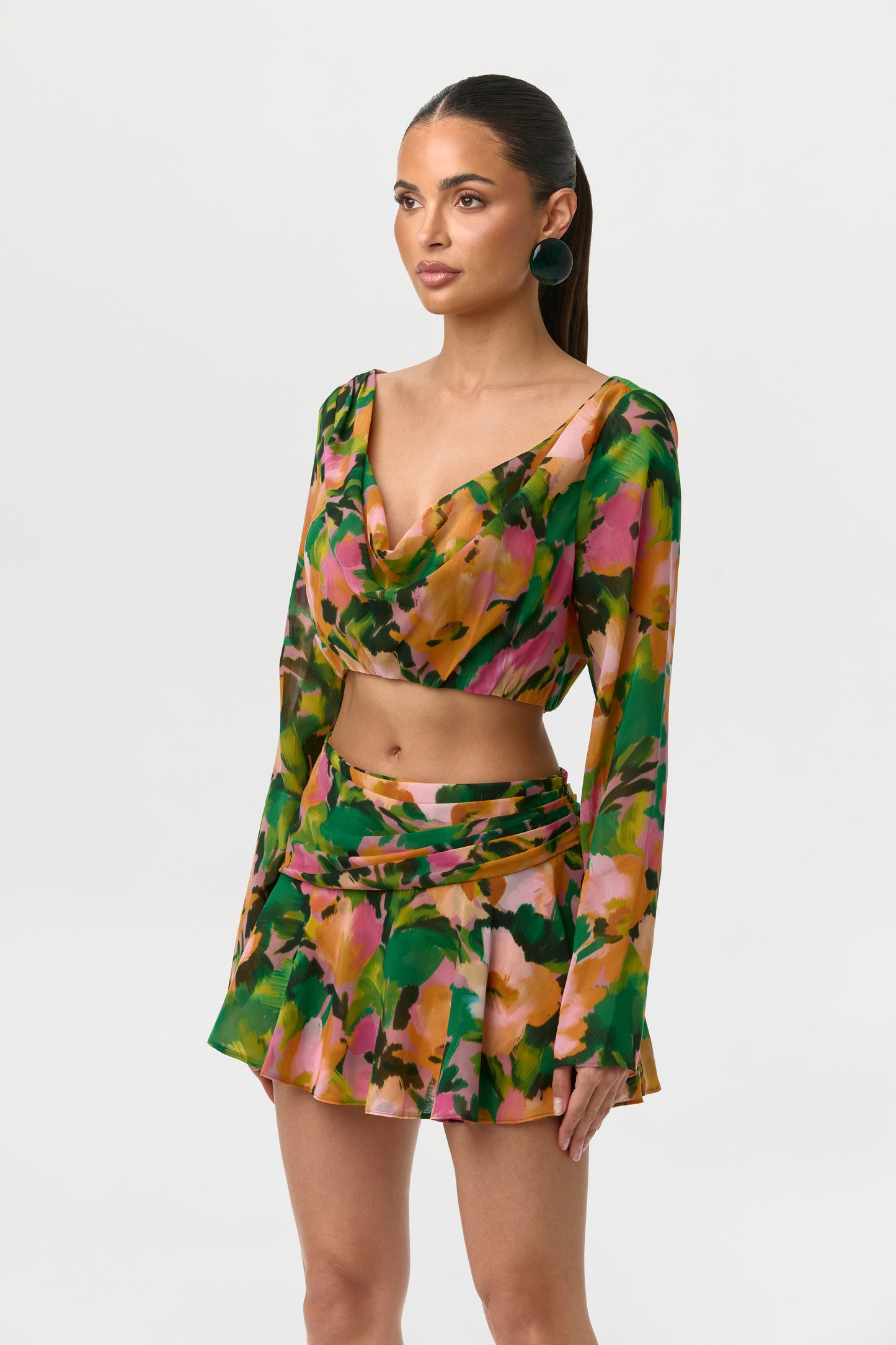 Chiffon Floral Cowl Crop Top