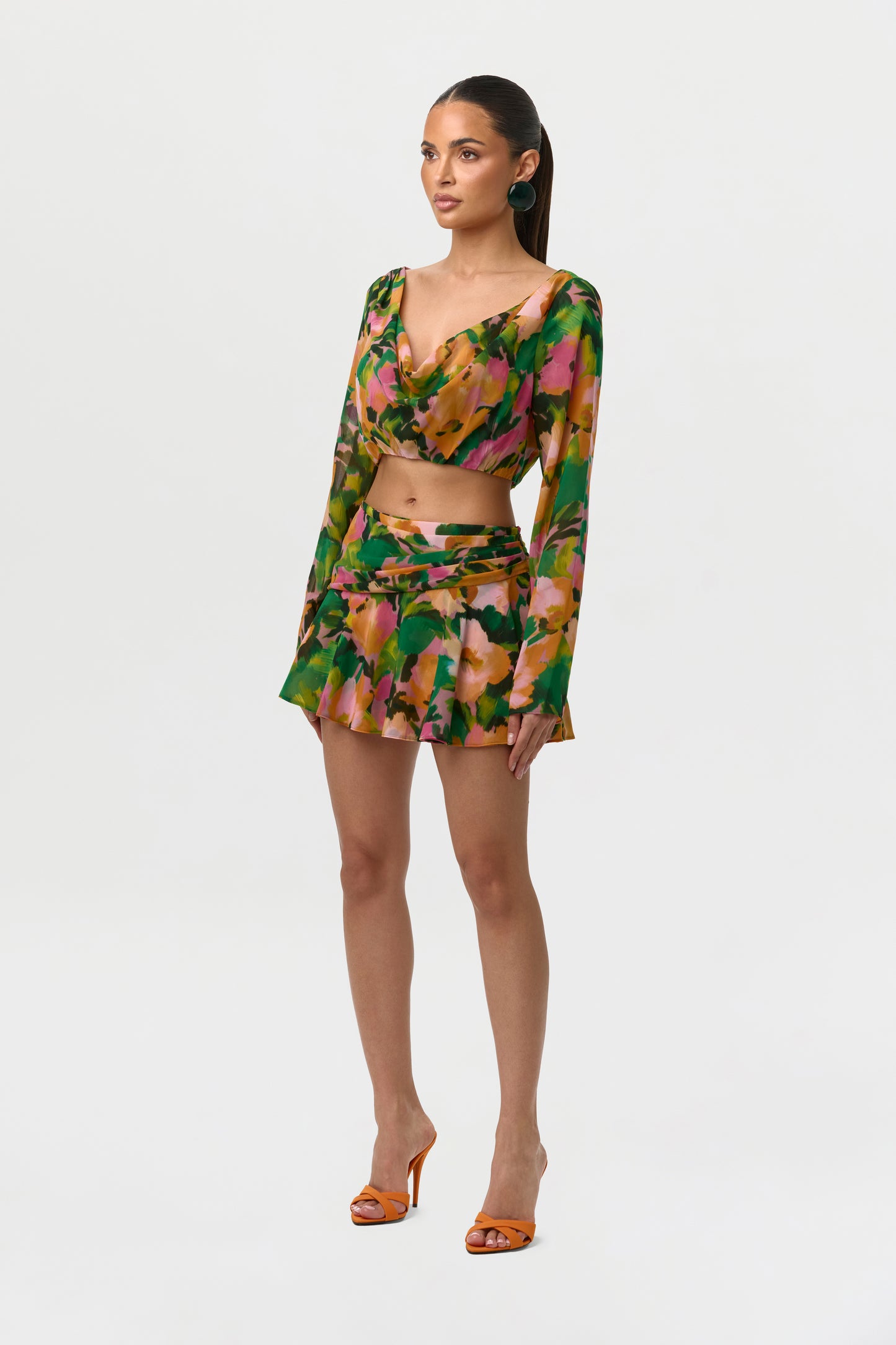 Chiffon Floral Cowl Crop Top