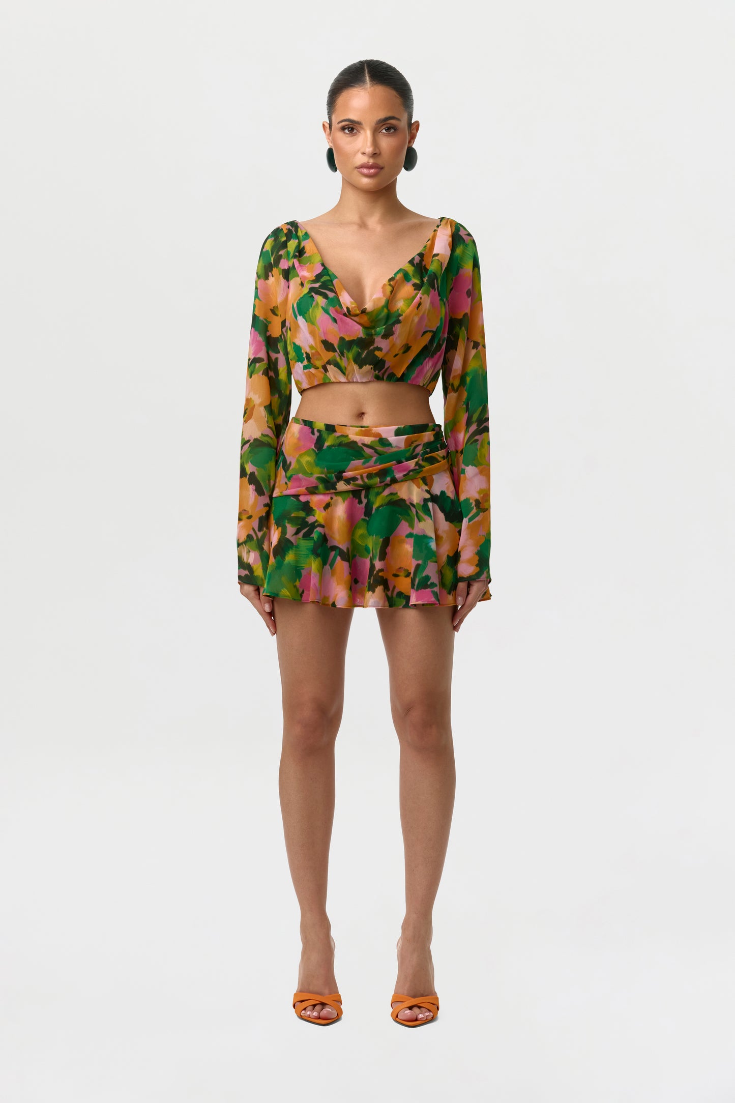 Chiffon Floral Cowl Crop Top