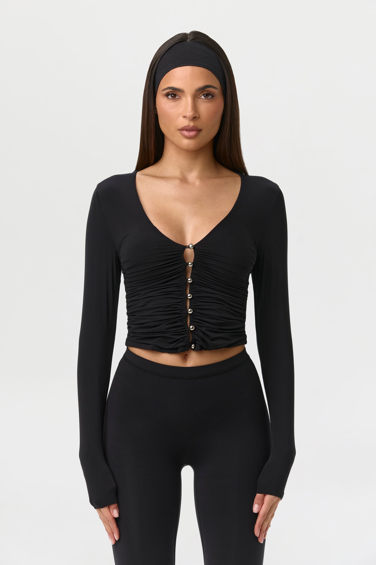 Naked Shirred Button Up Top