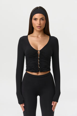 Naked Shirred Button Up Top