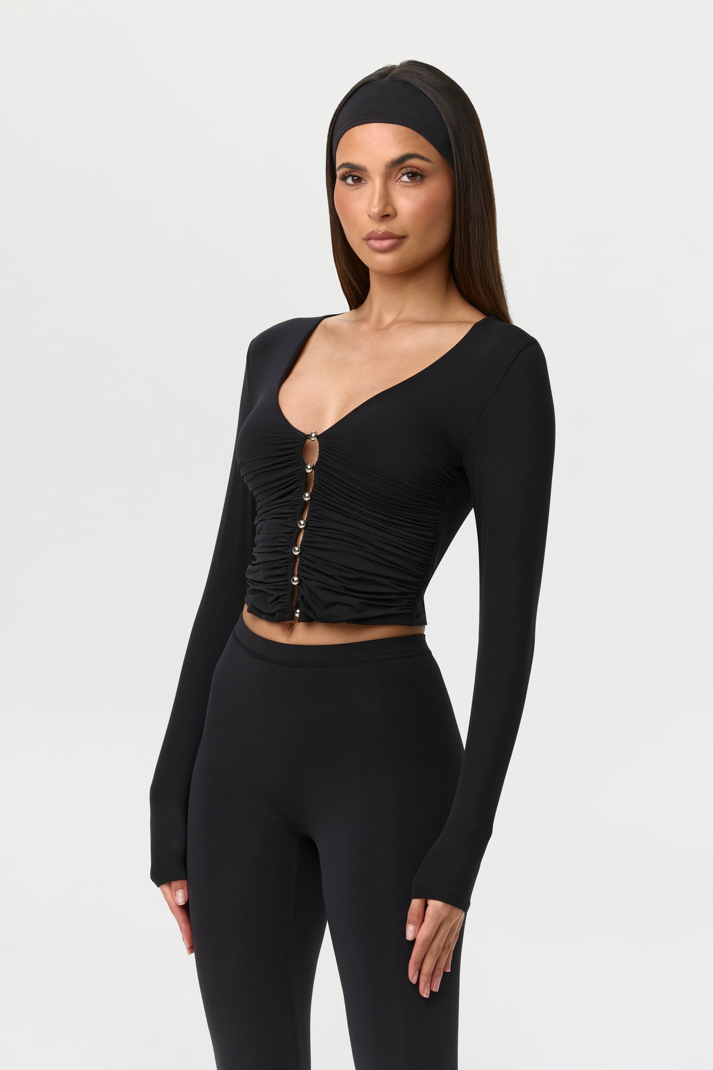 Naked Shirred Button Up Top