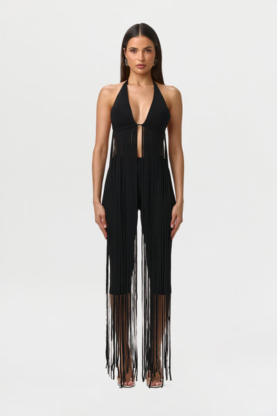 Women's Knit Fringe Bra Halter Top by Naked Wardrobe, Black / L