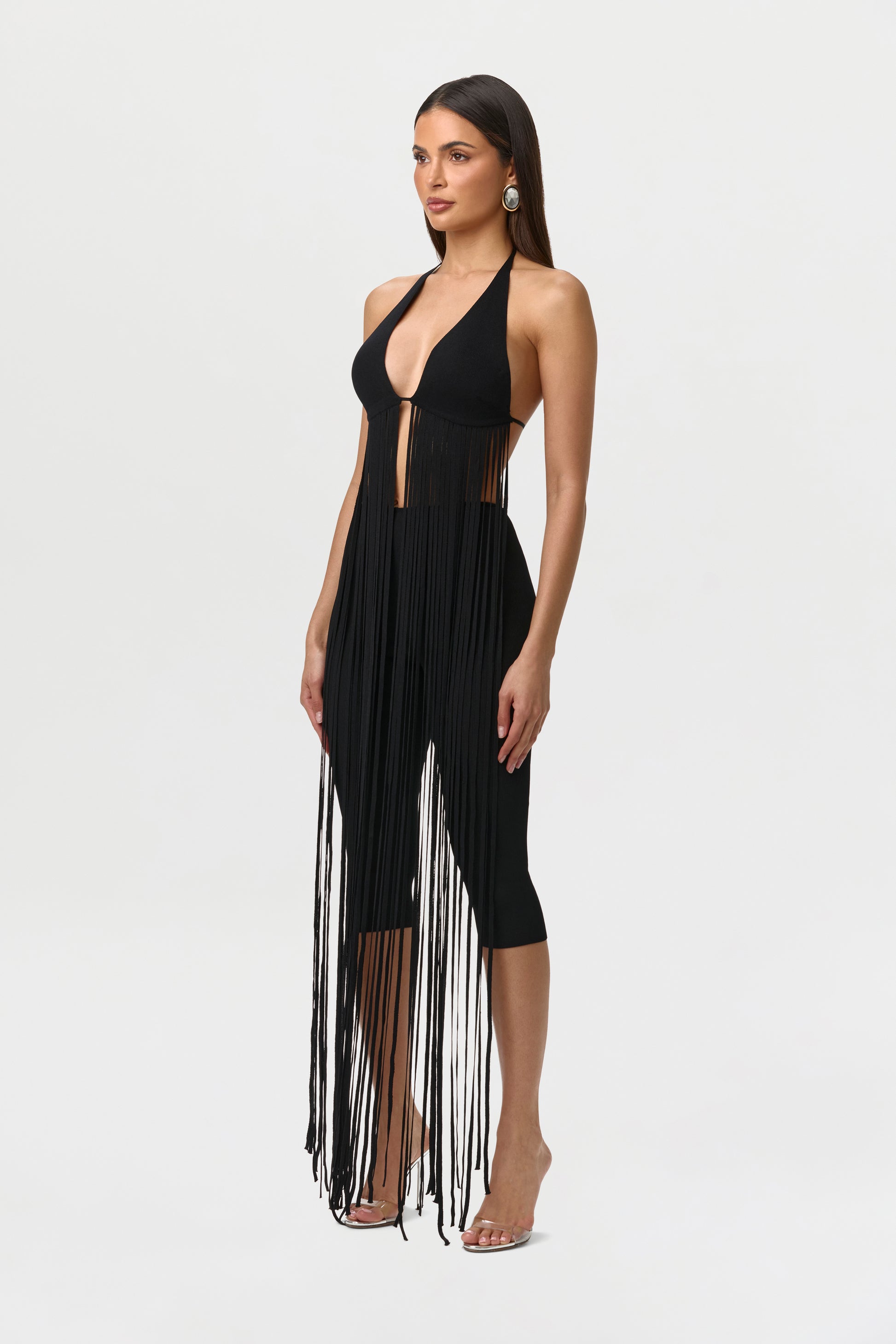 Naked Wardrobe Women's Long Fringe Halter Top - Black