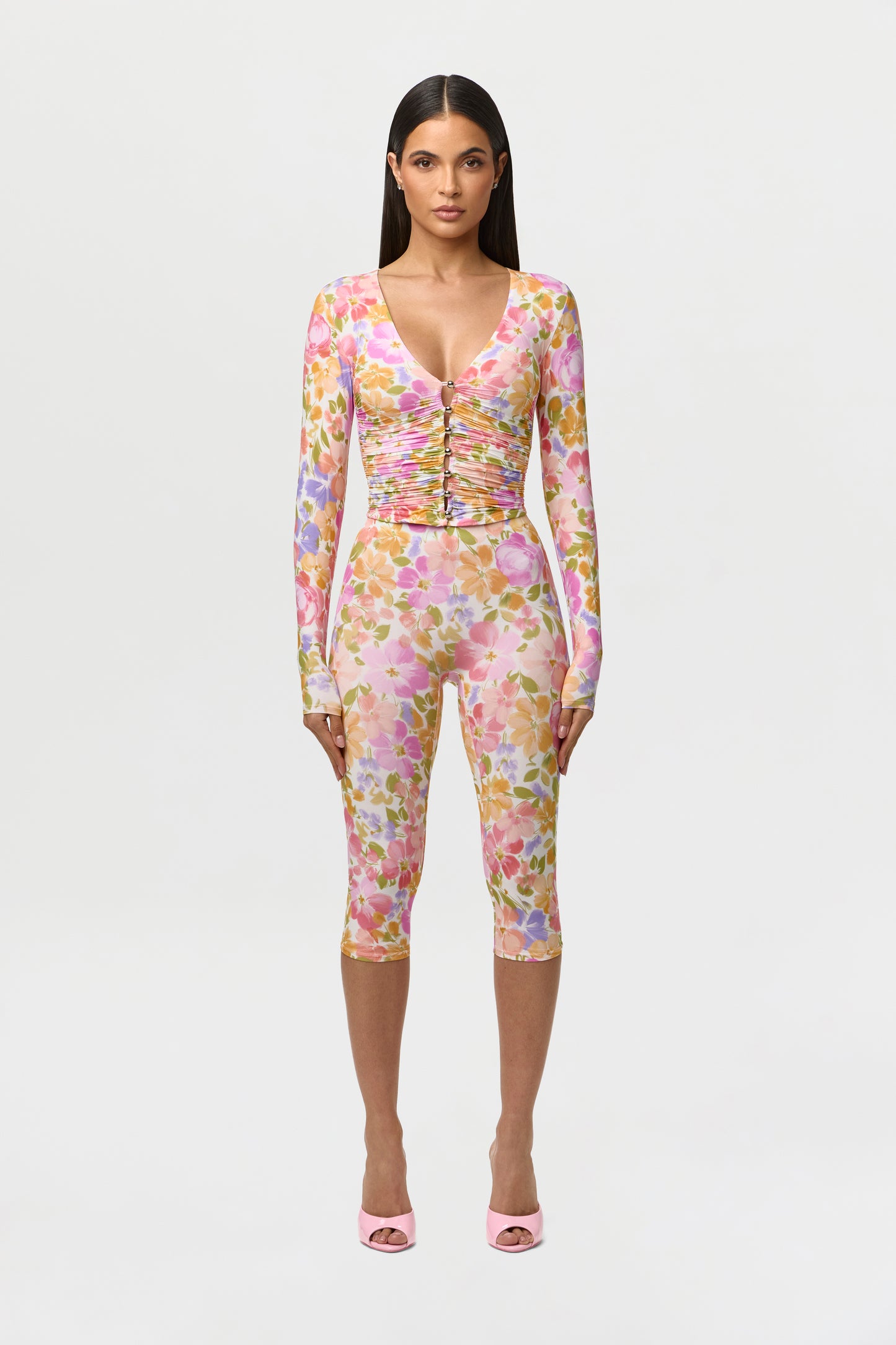 Naked Print Ruched Button Up Top