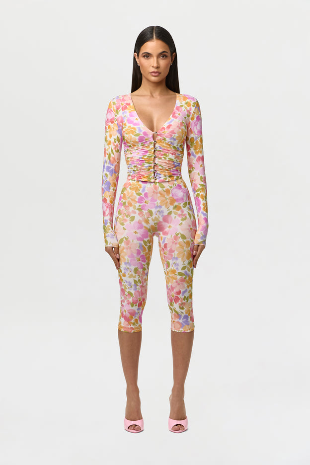 Naked Print Ruched Button Up Top