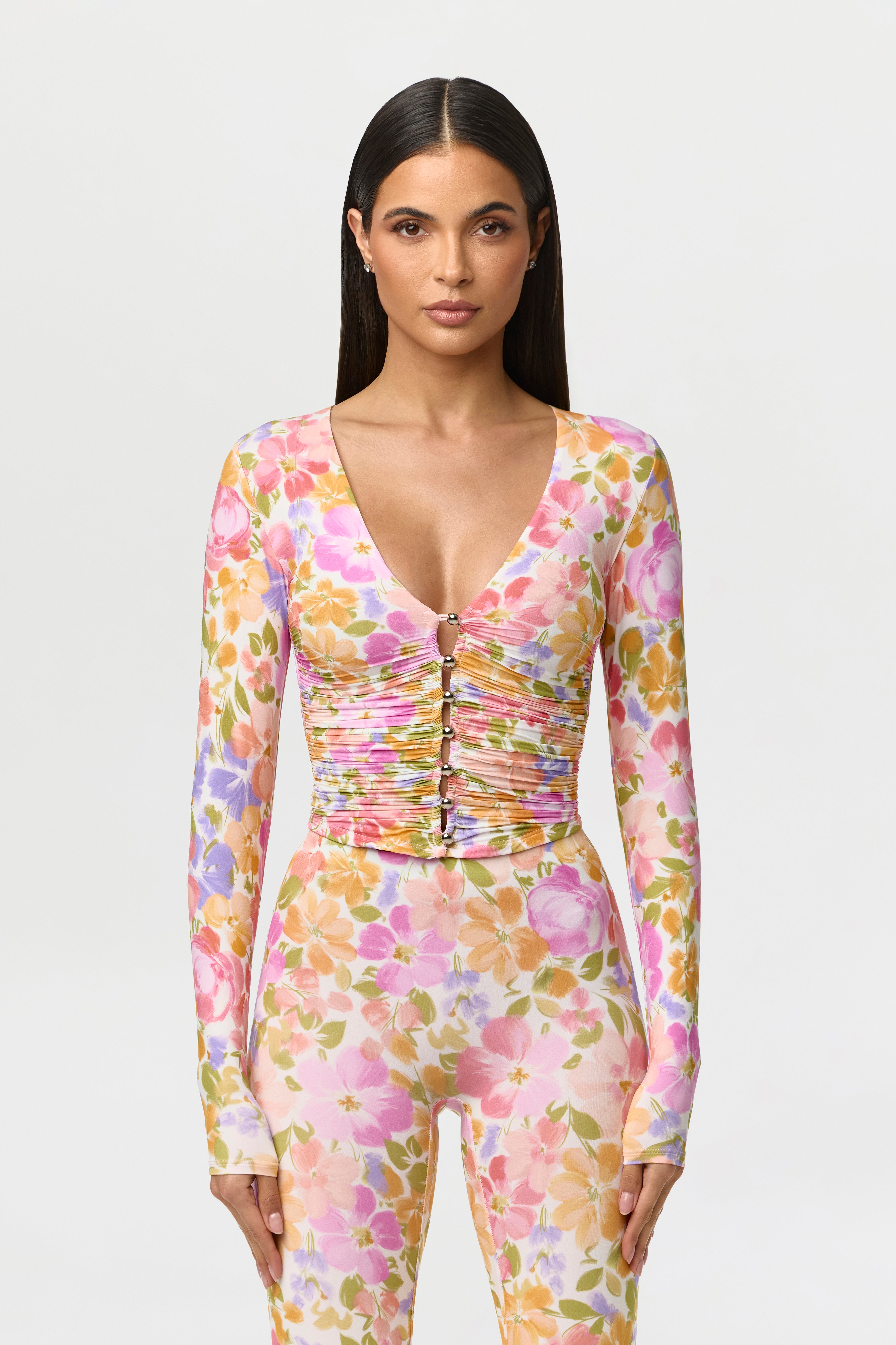 Naked Print Ruched Button Up Top