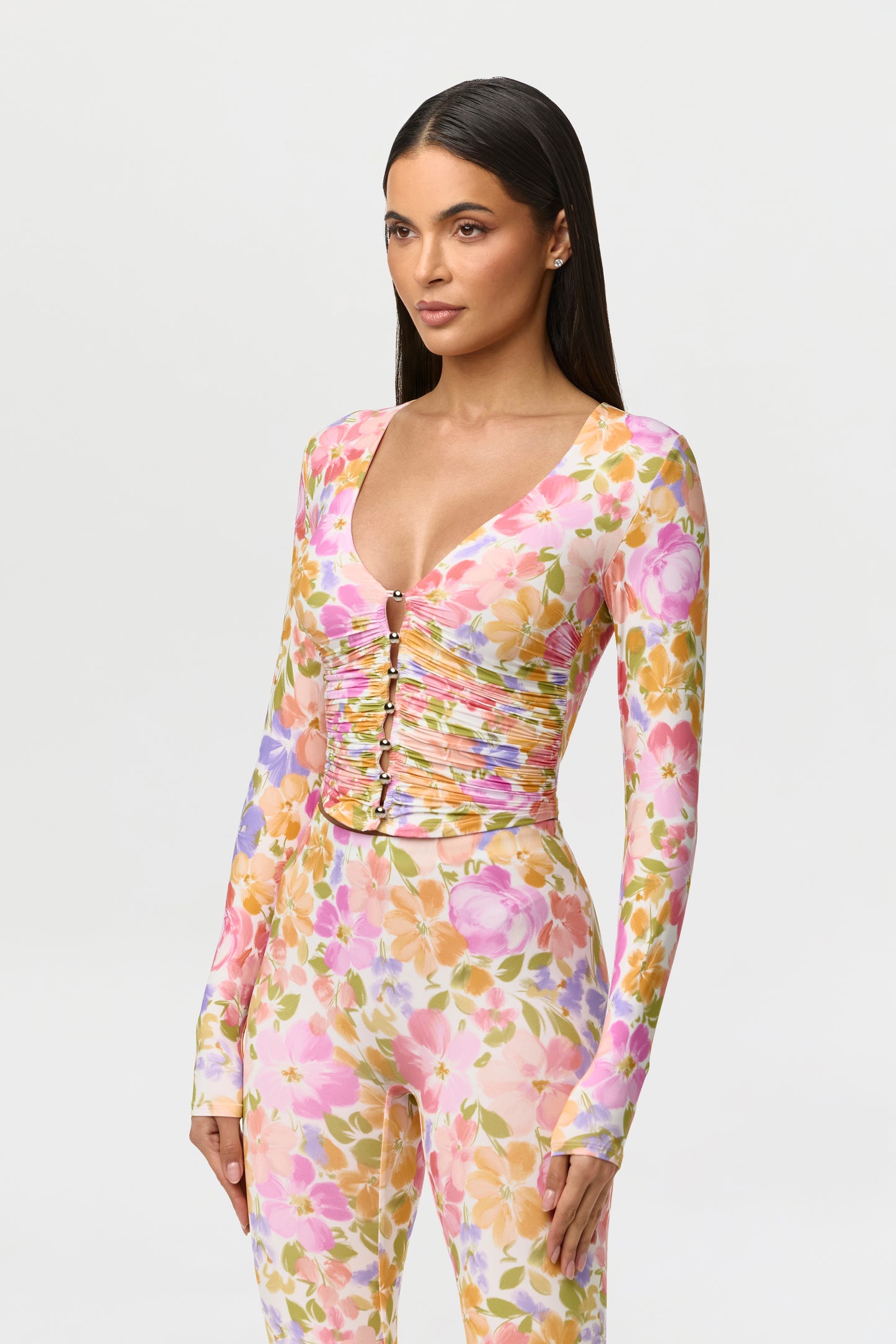 Naked Print Ruched Button Up Top