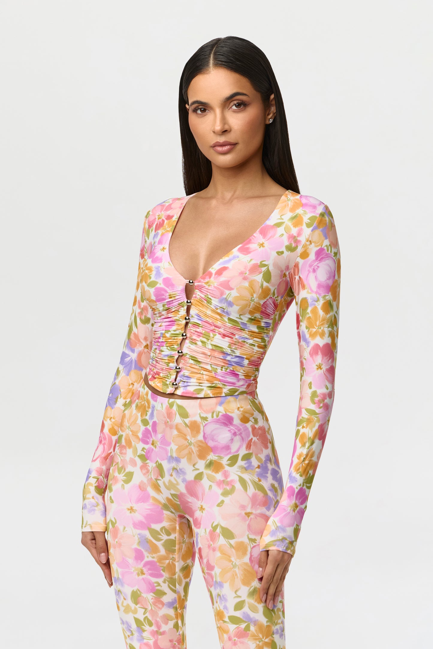 Naked Print Ruched Button Up Top