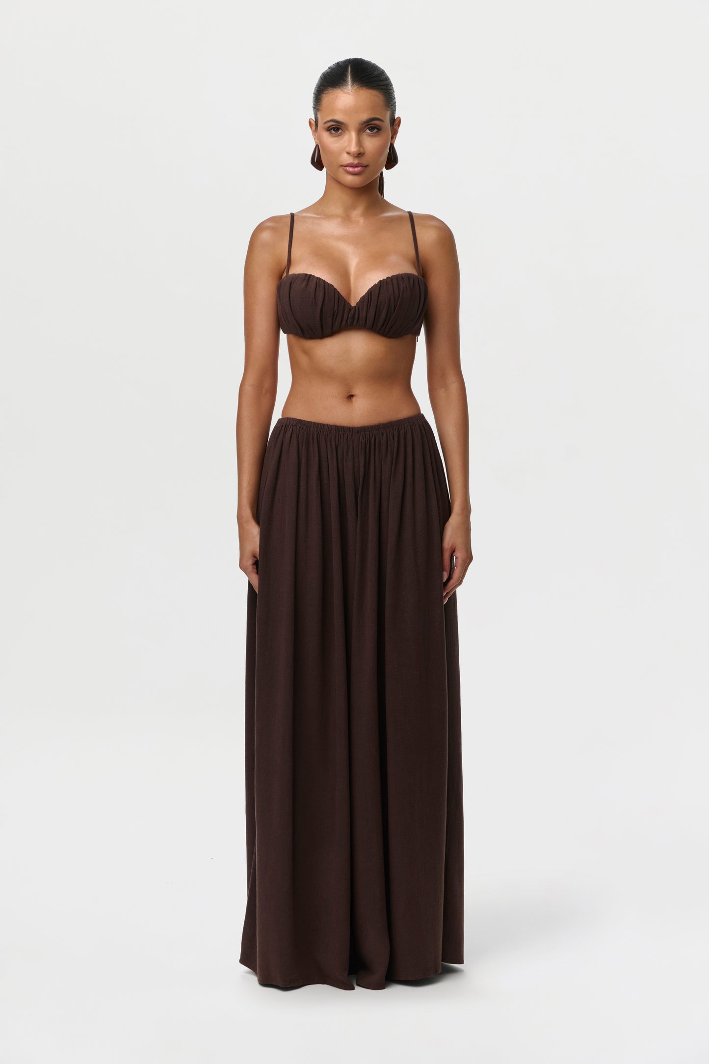 Dark Chocolate Linen Pleated Palazzo Pants