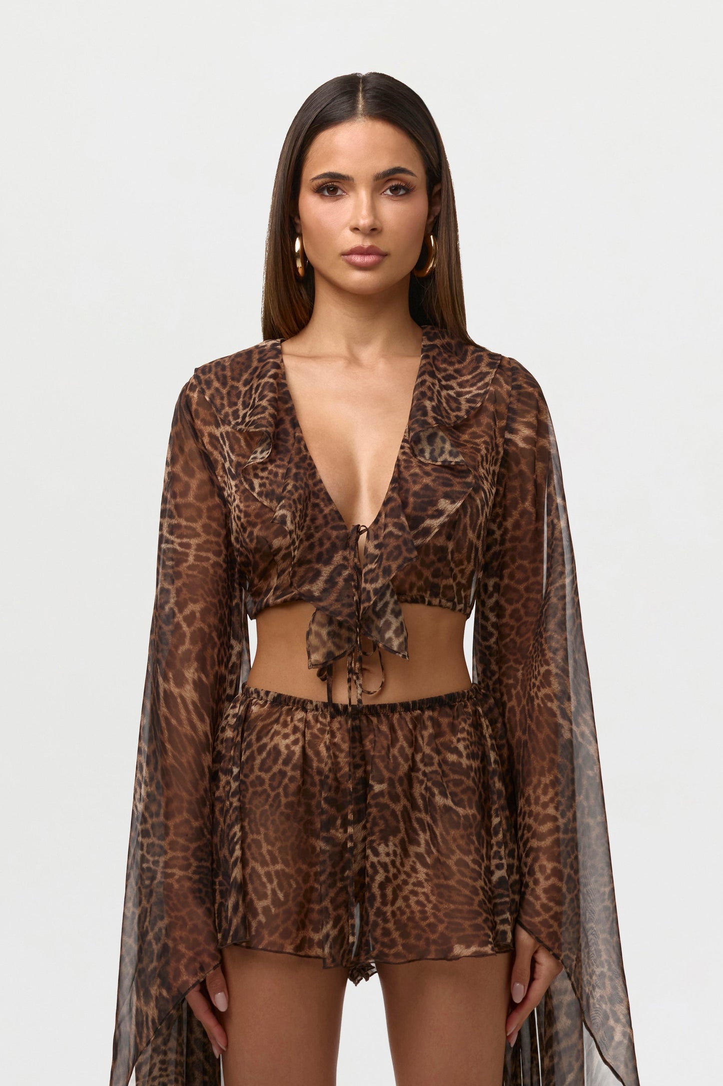 Spotted Leopard Chiffon Print Ruffle Crop Top