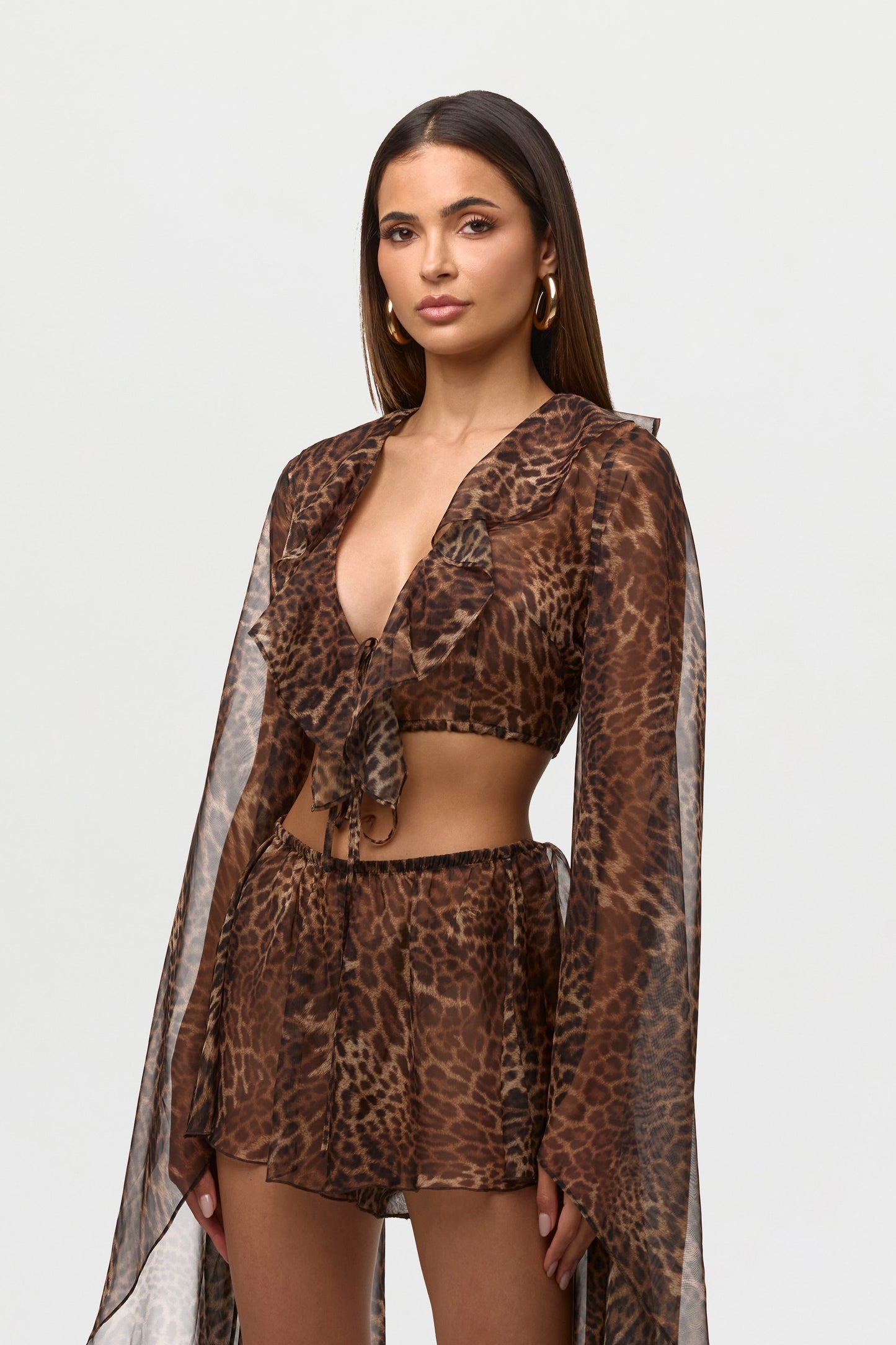 Spotted Leopard Chiffon Print Ruffle Crop Top