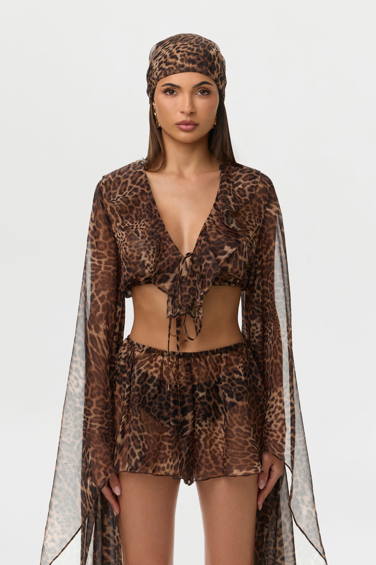 Spotted Leopard Chiffon Print Ruffle Crop Top